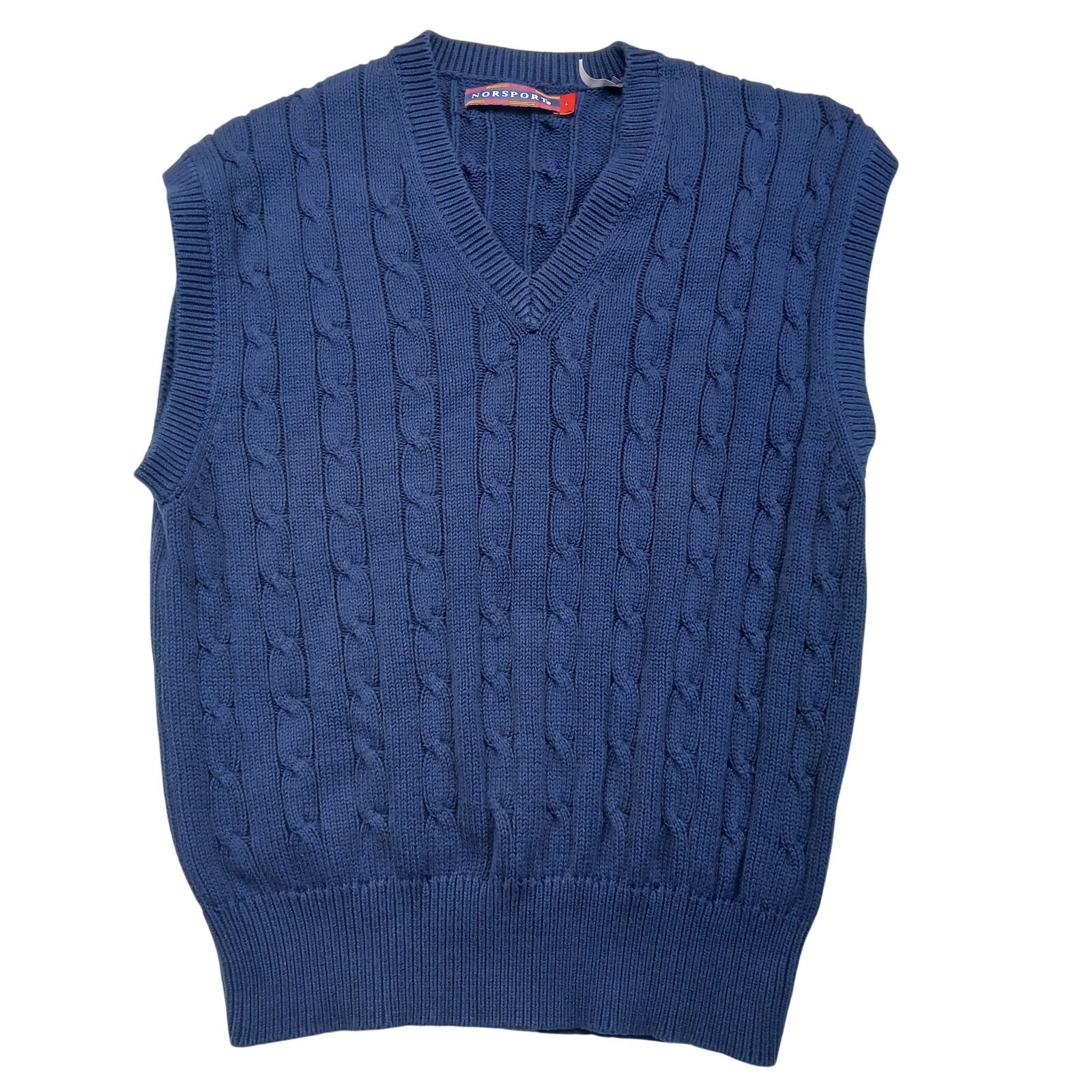 Norsport Vintage Cable Knit Sweater Vest Mens Large Blue 100% Cotton V Neck