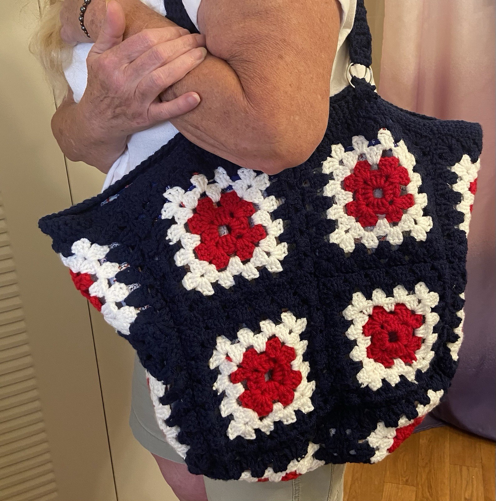 Handmade Crochet Red, White,Blue farmer’s market and all around great lined tote