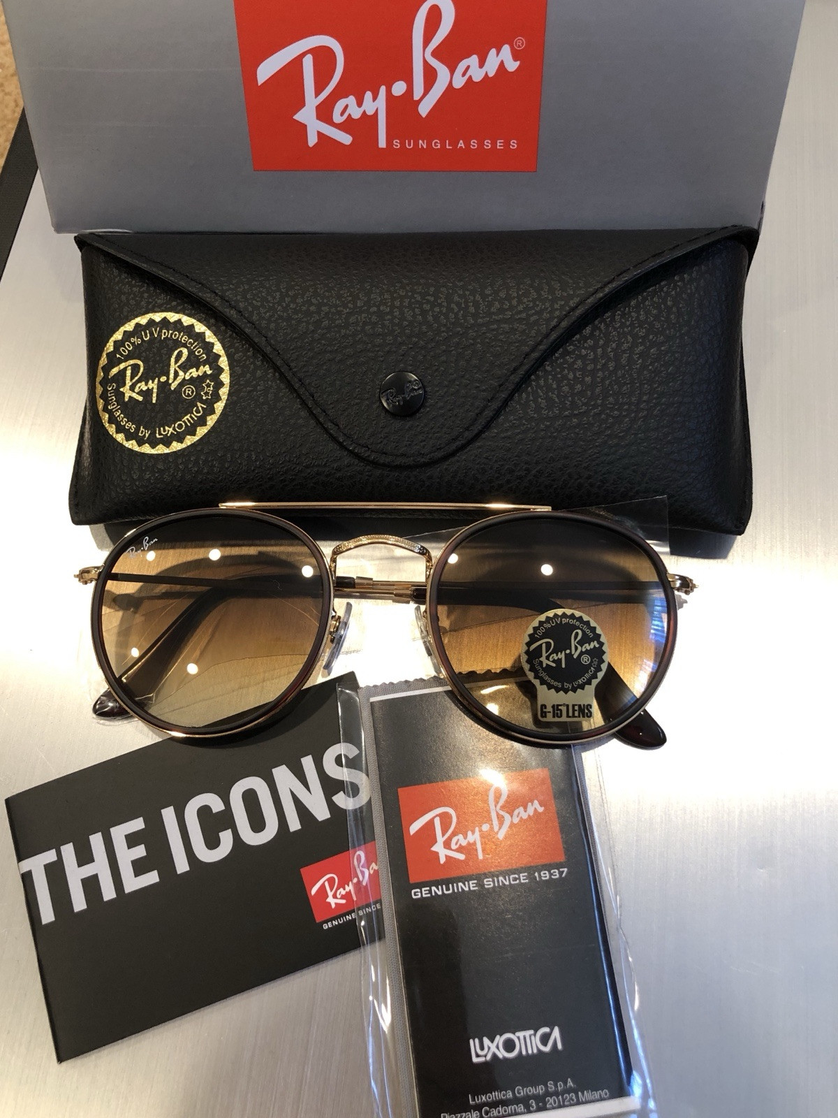 New Ray-Ban Round Double Bridge Gold Frame/Gradient Brown RB3647N Sunglasses