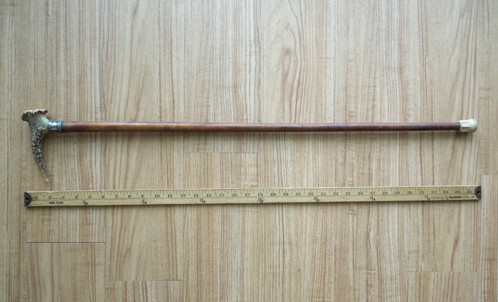 VINTAGE Antler Stag Horn Handle Cane Walking Stick Silver Collar 35″ length
