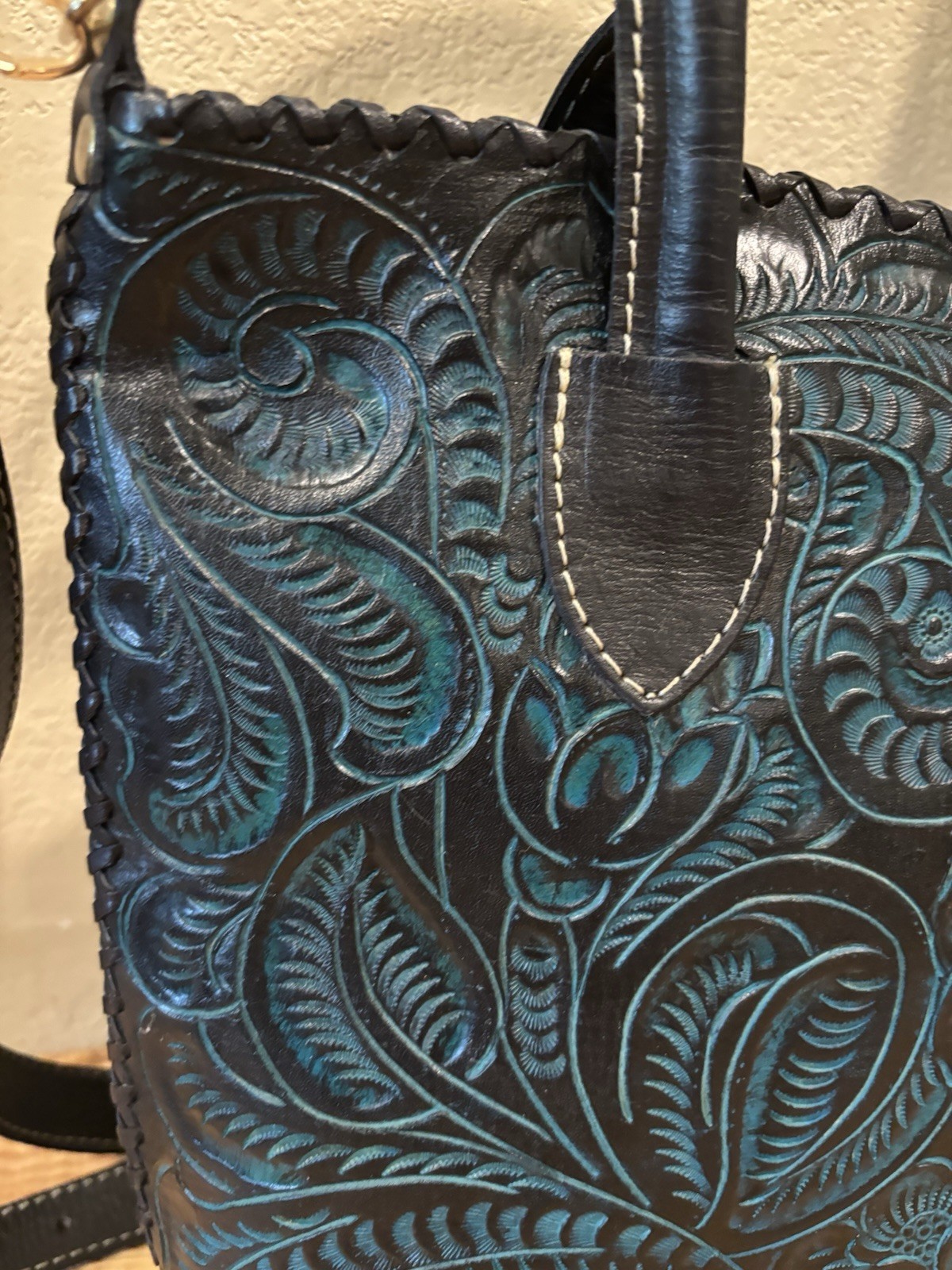 Tooled Floral Embossed Satchel Top Handle Bag Blue/Black Zip Gold Hardware