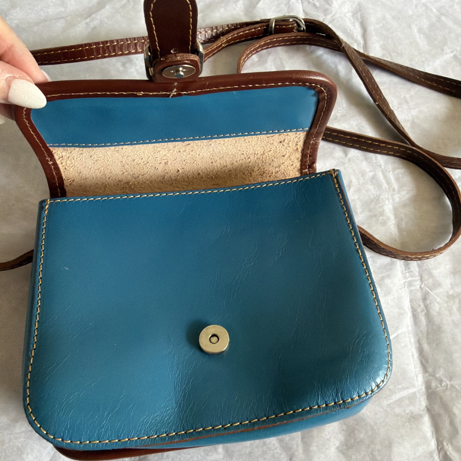 Vera Pelle Leather Crossbody Saddle Bag Genuine Italian Small Teal Blue/Brown