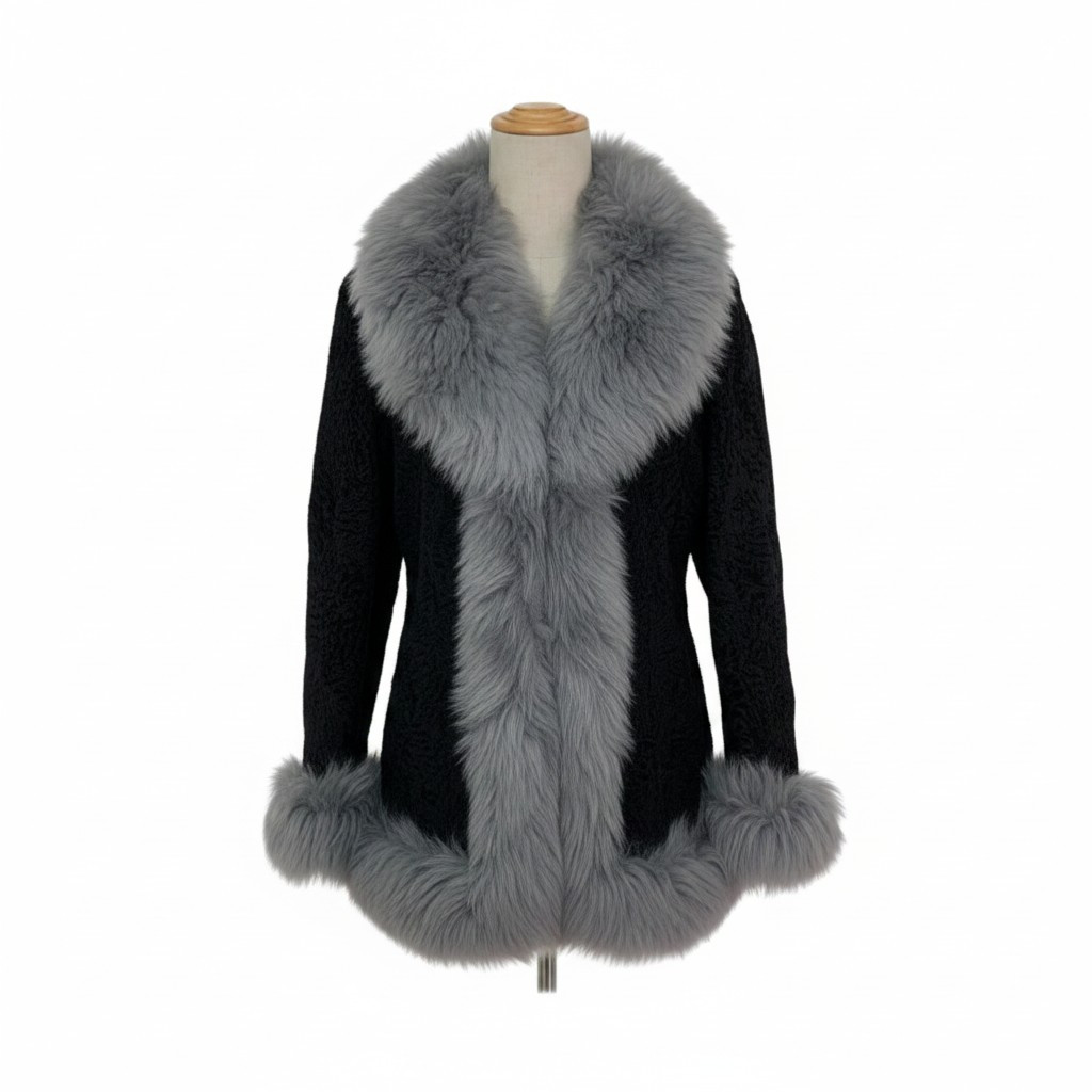 Elegant Black Genuine Sheepskin Coat with Grey Fur Trim Quilted Jacket S/M