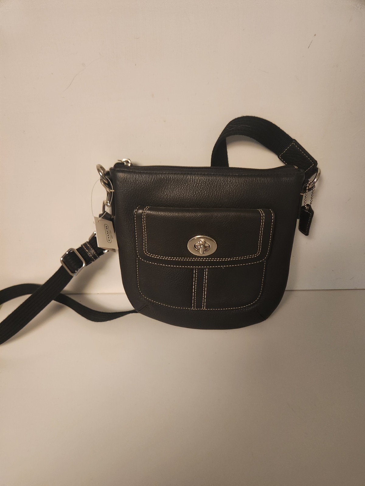 Coach Black Small Crescent Crossbody Bag Turn-Lock Zip Silver HW Purple Lined
