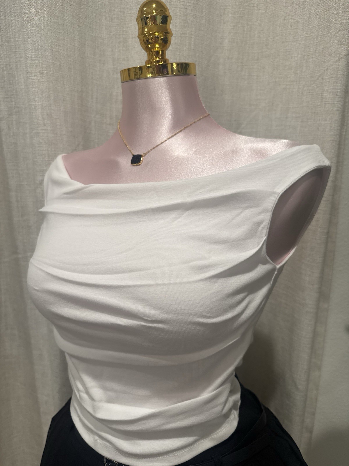 Active Basic White Ruched Sleeveless Boat Neck Stretch Knit Top Cotton S Women