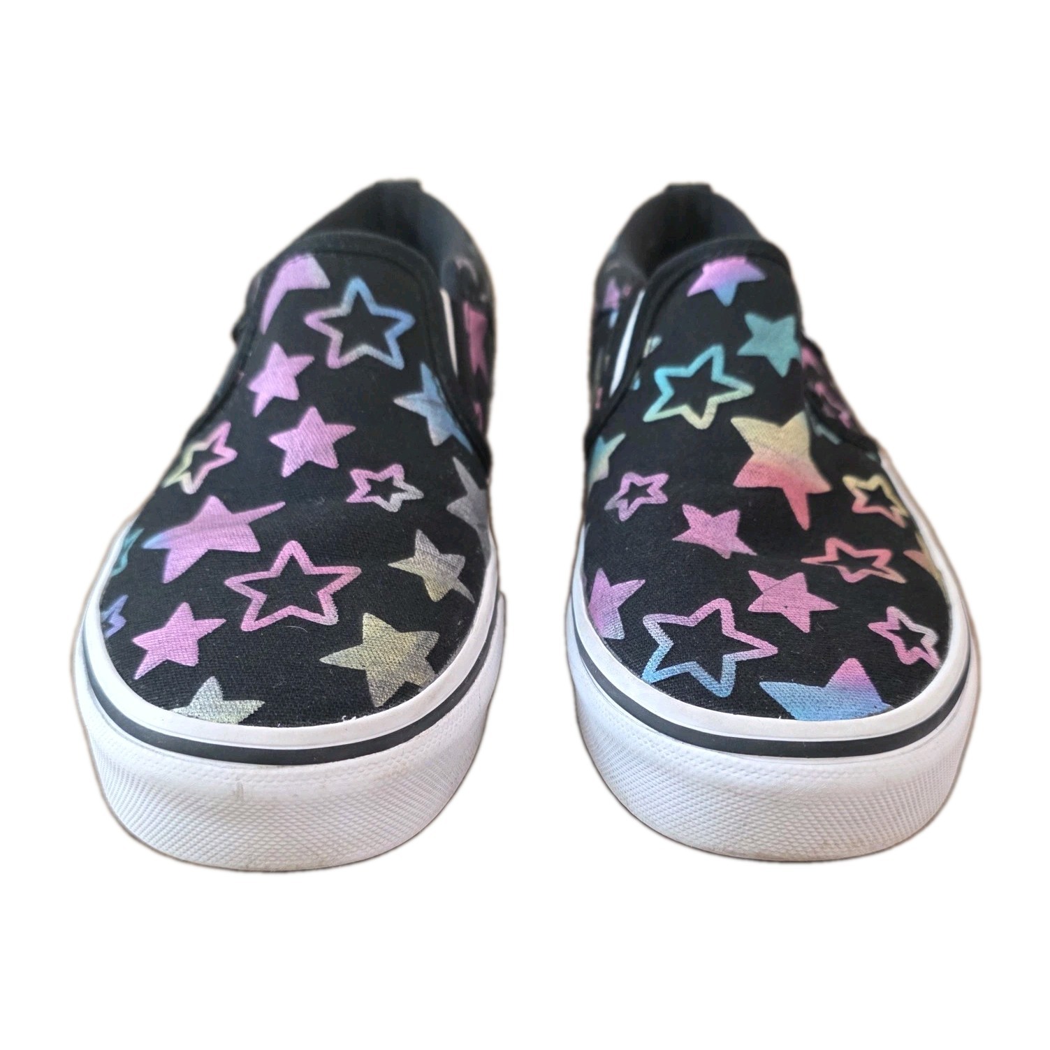Vans Asher Metallic Foil Stars Black Canvas Slip On Skate Shoes Unisex Kids 2.5