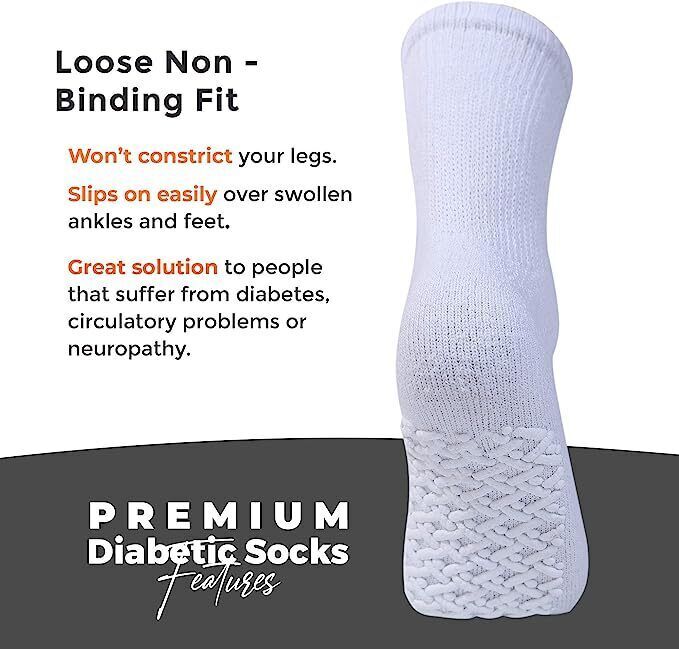 12 Pairs Gripper Non Skid Diabetic Cotton Crew Socks Non Binding Loose Fit Top