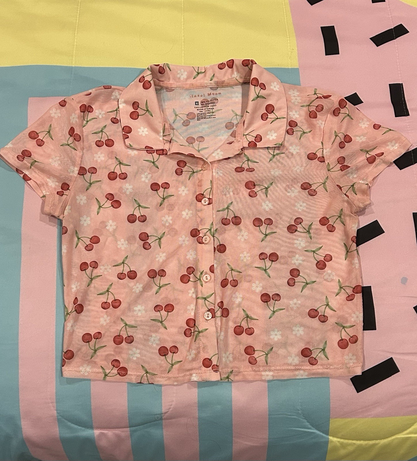 Hazel Moon Women’s M Pink Cherry and Daisy Print Cute Button Up Mesh Shirt