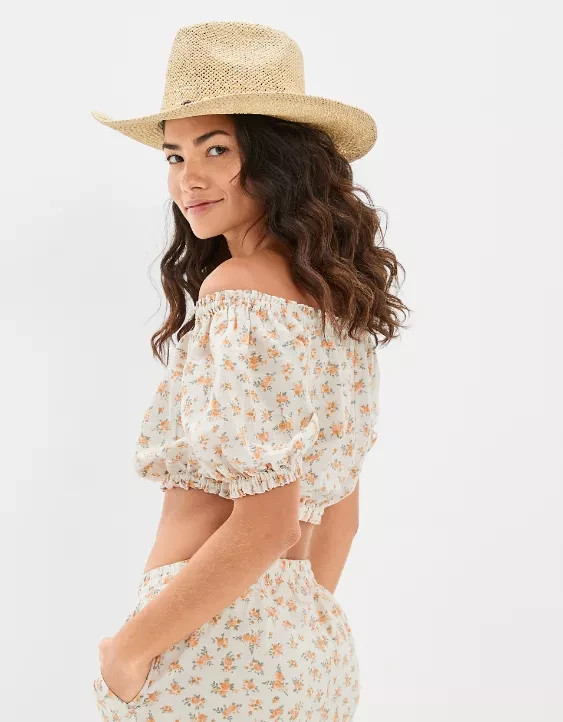 American Eagle Off the Shoulder Bubble Blouse Womens XXL Cream Floral Linen Crop