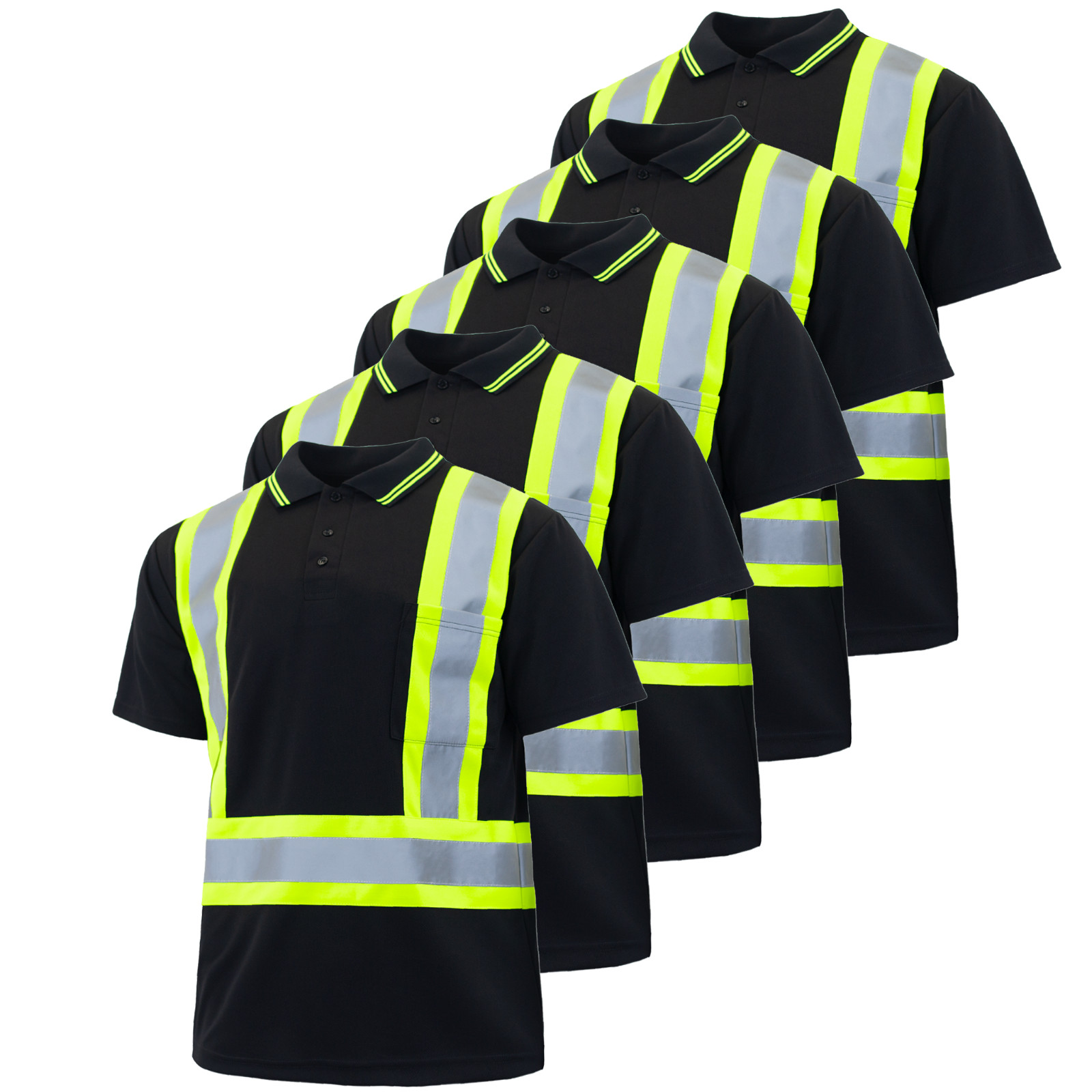 Hi-Vis Black Safety Workwear Short Sleeve Polo Shirt Two Tone Reflective Tape