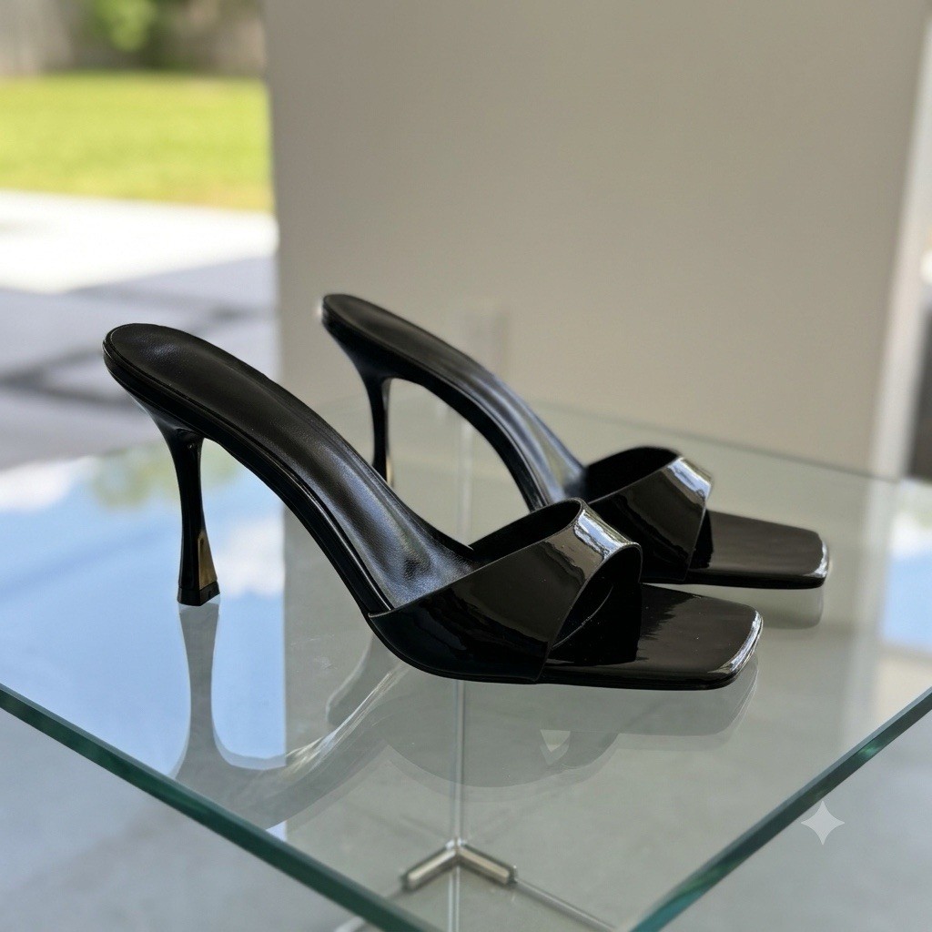 Black Patent Leather Square Toe Mule Heels Slide Sandals Stiletto Size 41 US 9.5