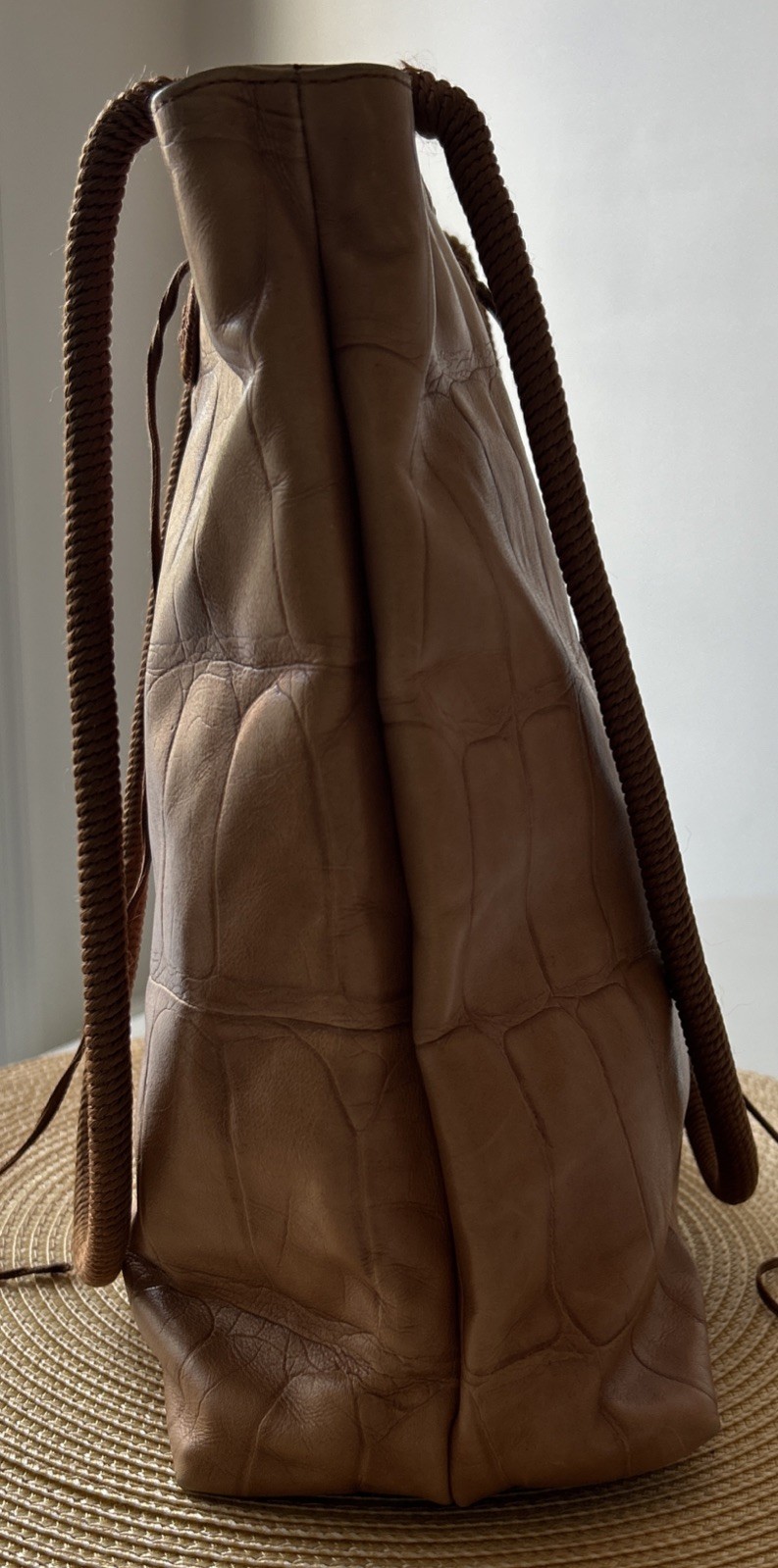 Falor Le Borse Tote Shoulder Bag Brown Crocodile Embossed Leather Italy 11”H