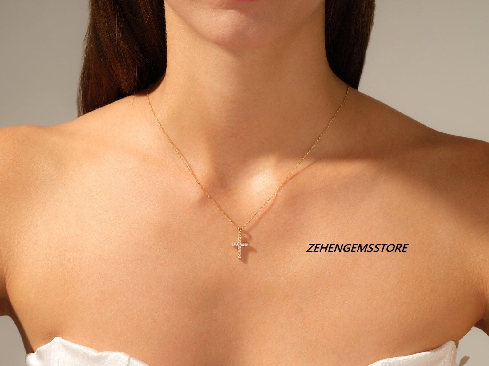 Lab created Sterling Silver Gold Plated Cross Pendant Necklace Cubic Zirconia CZ