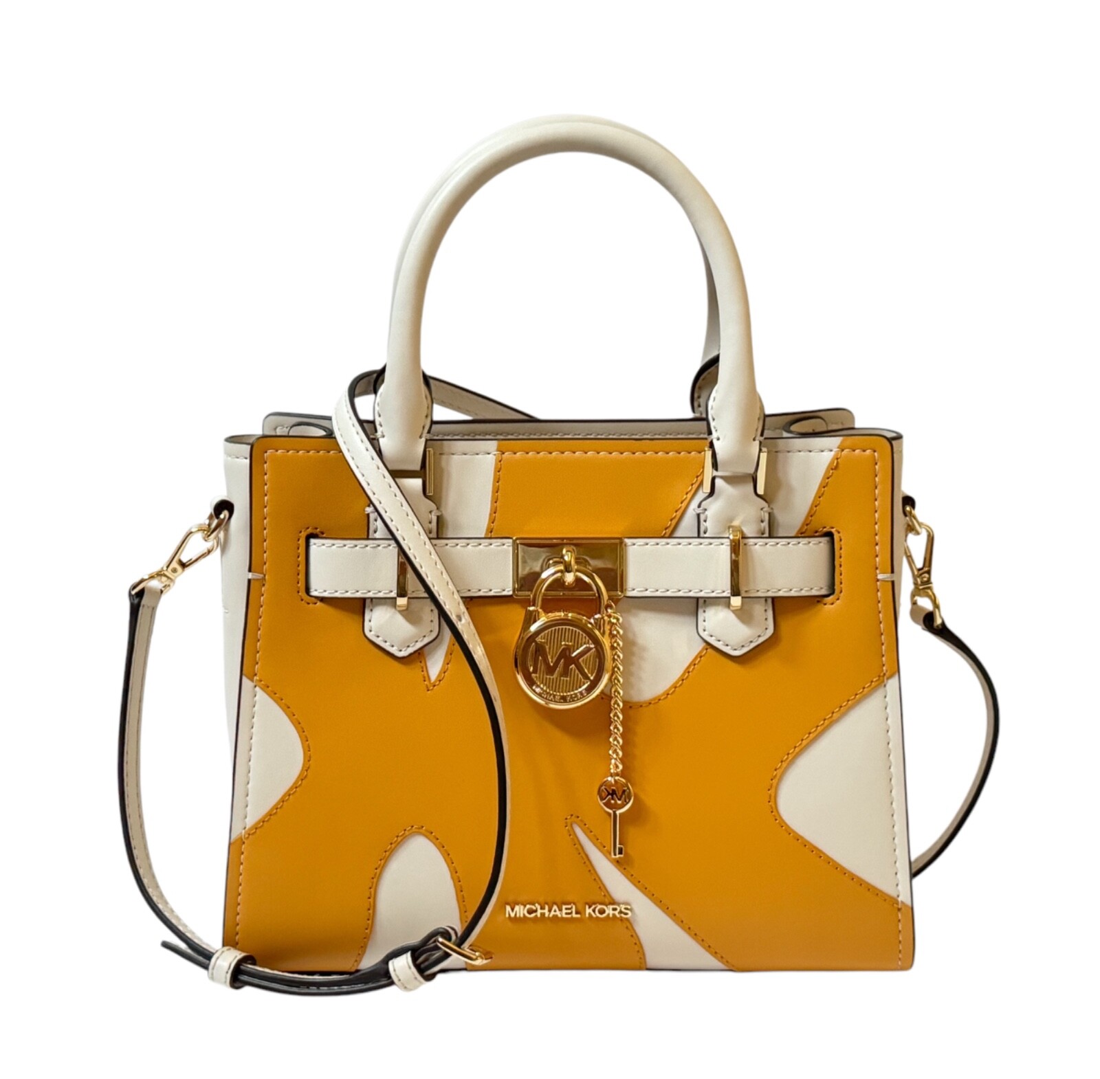 MICHAEL KORS HAMILTON SM SATCHEL SHOULDER BAG GRAPHIC LOGO GOLDEN ROD MULTI