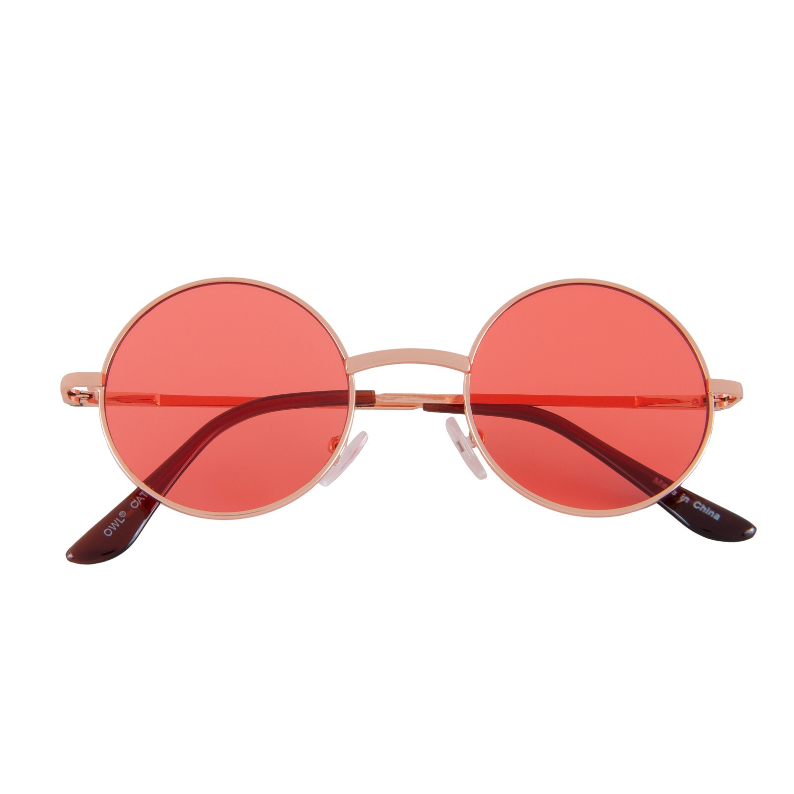 RED LENS ROUND SUNGLASSES 43 MM GOLD METAL FRAME RETRO TRENDY HIPPIE HIPSTER