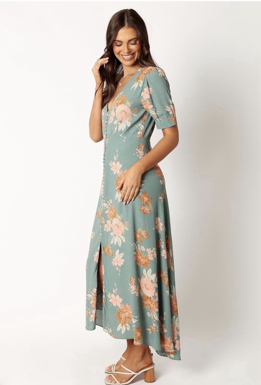 Petal & Pup Frampton Midi Dress M Blue Floral V-Neck Short Sleeve Button Front