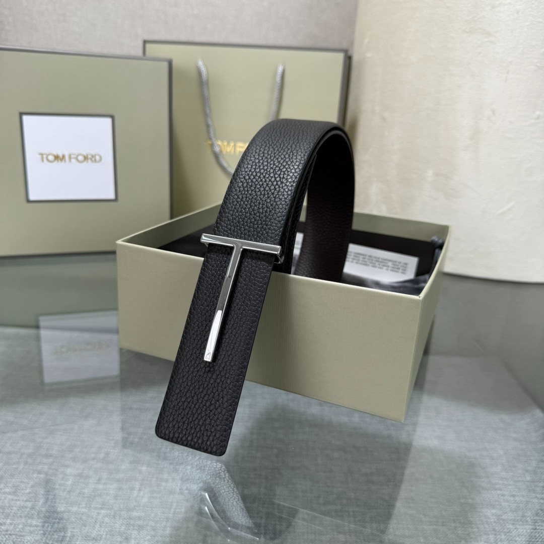 Tom Ford Belt Reversible T-Buckle Black/Brown Calfskin Leather Belt