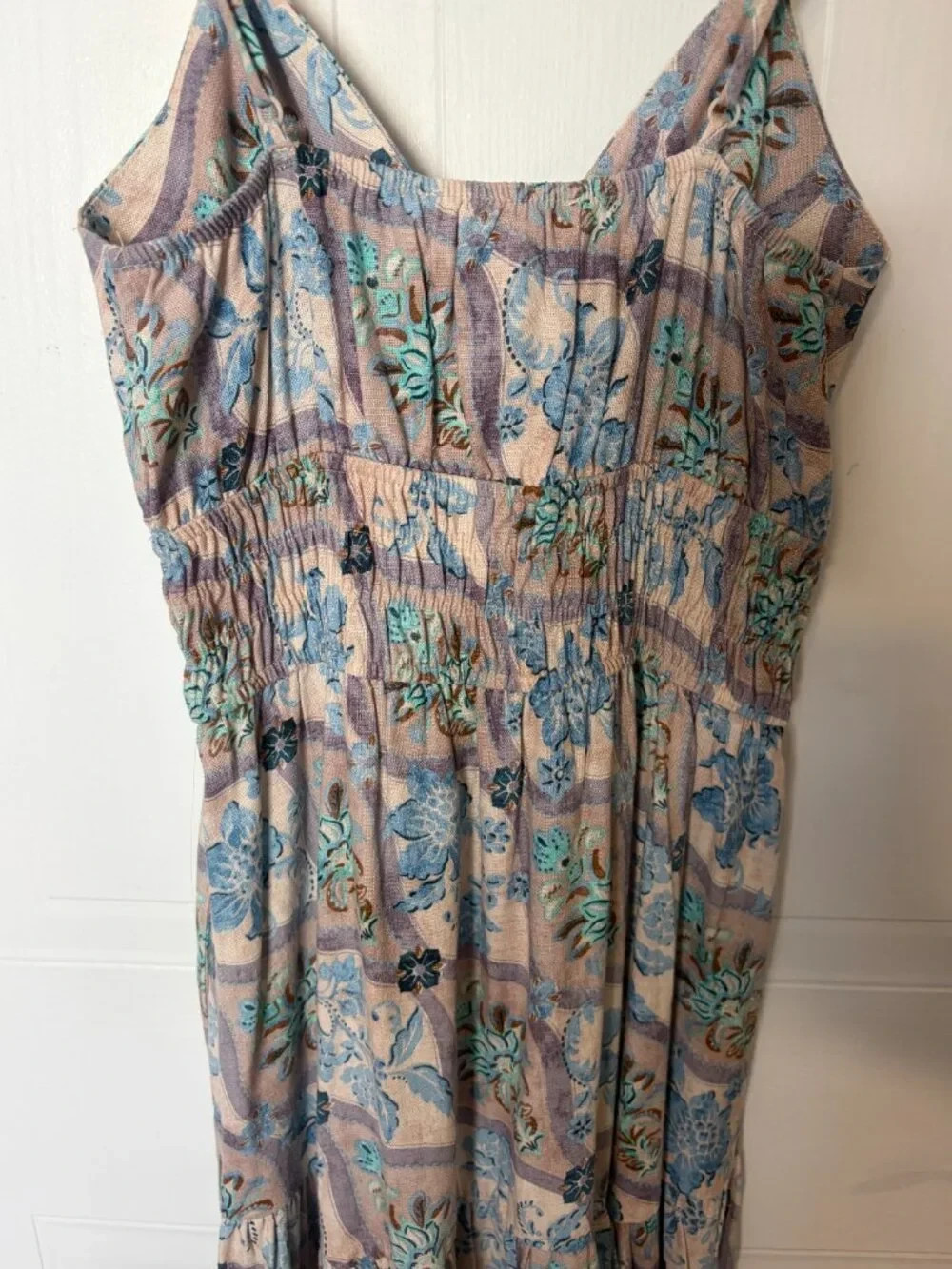 Monteau Los Angeles Linen Blend Maxi Dress Small NWT Blue Floral Smocked Pockets