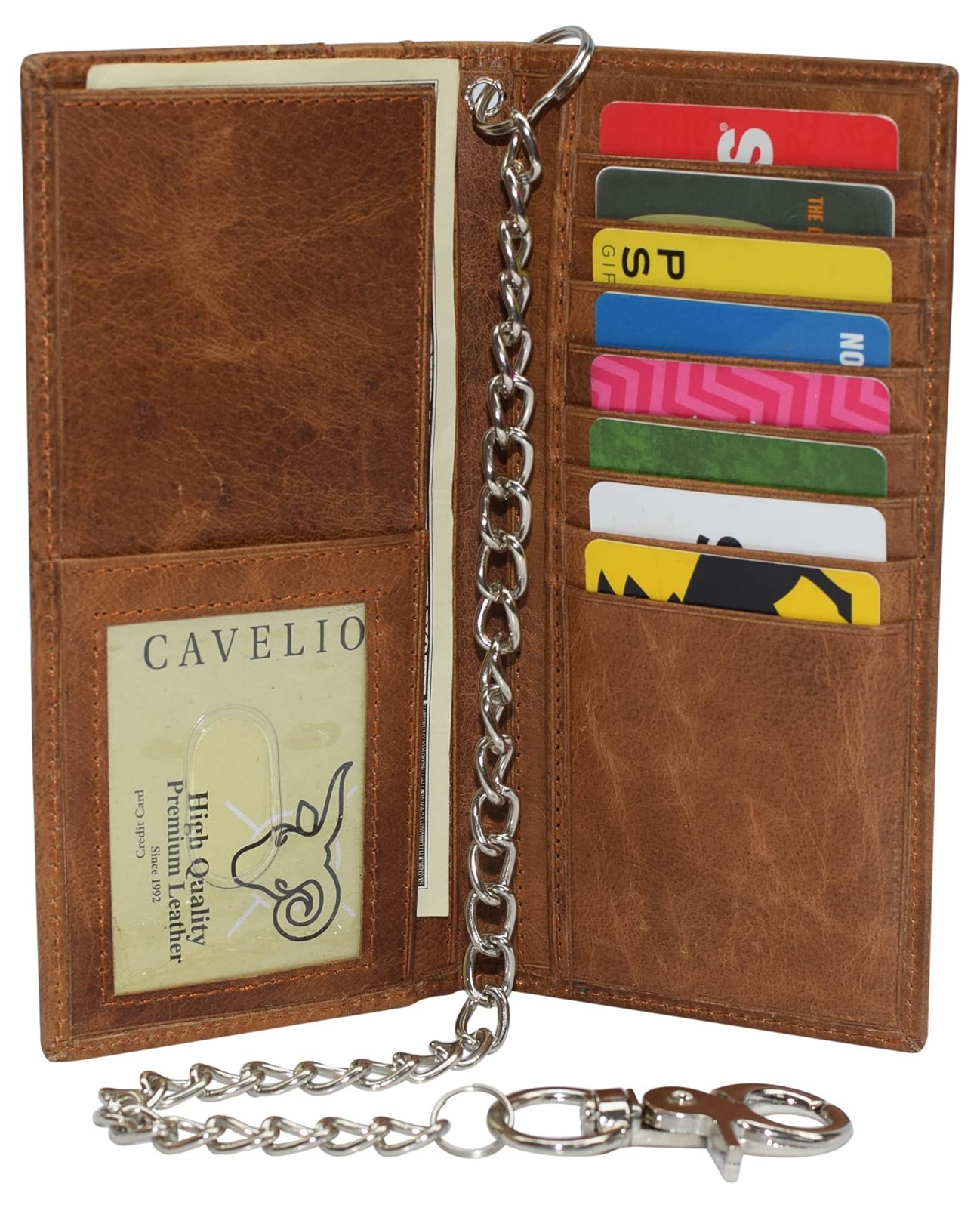 Cavelio Genuine Leather Men’s Chain Biker Wallet Long Bifold Tan with