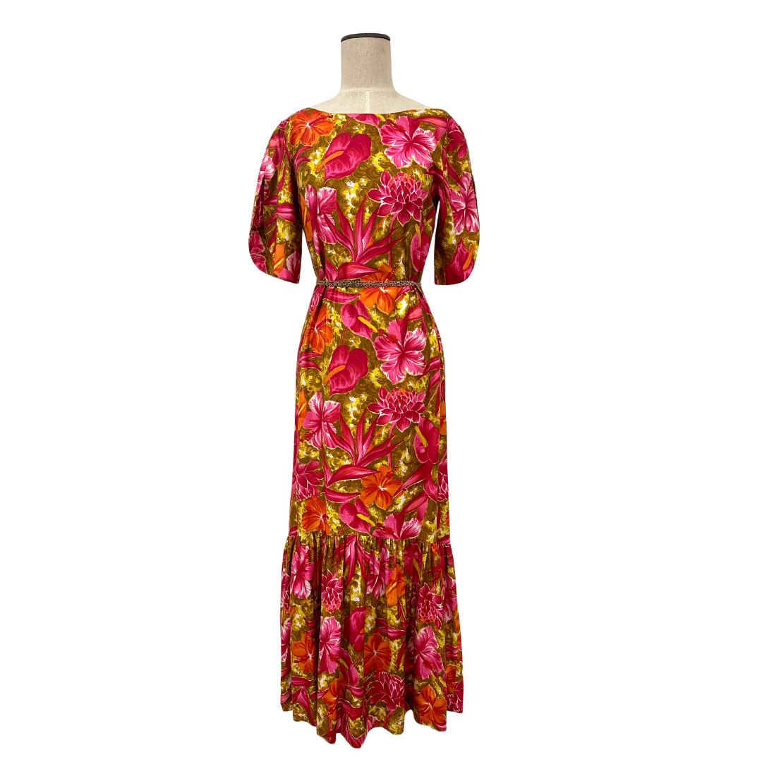 Vintage 1960s Handmade Pink & Orange Tropical Floral Trumpet Pake Muu Maxi Dress