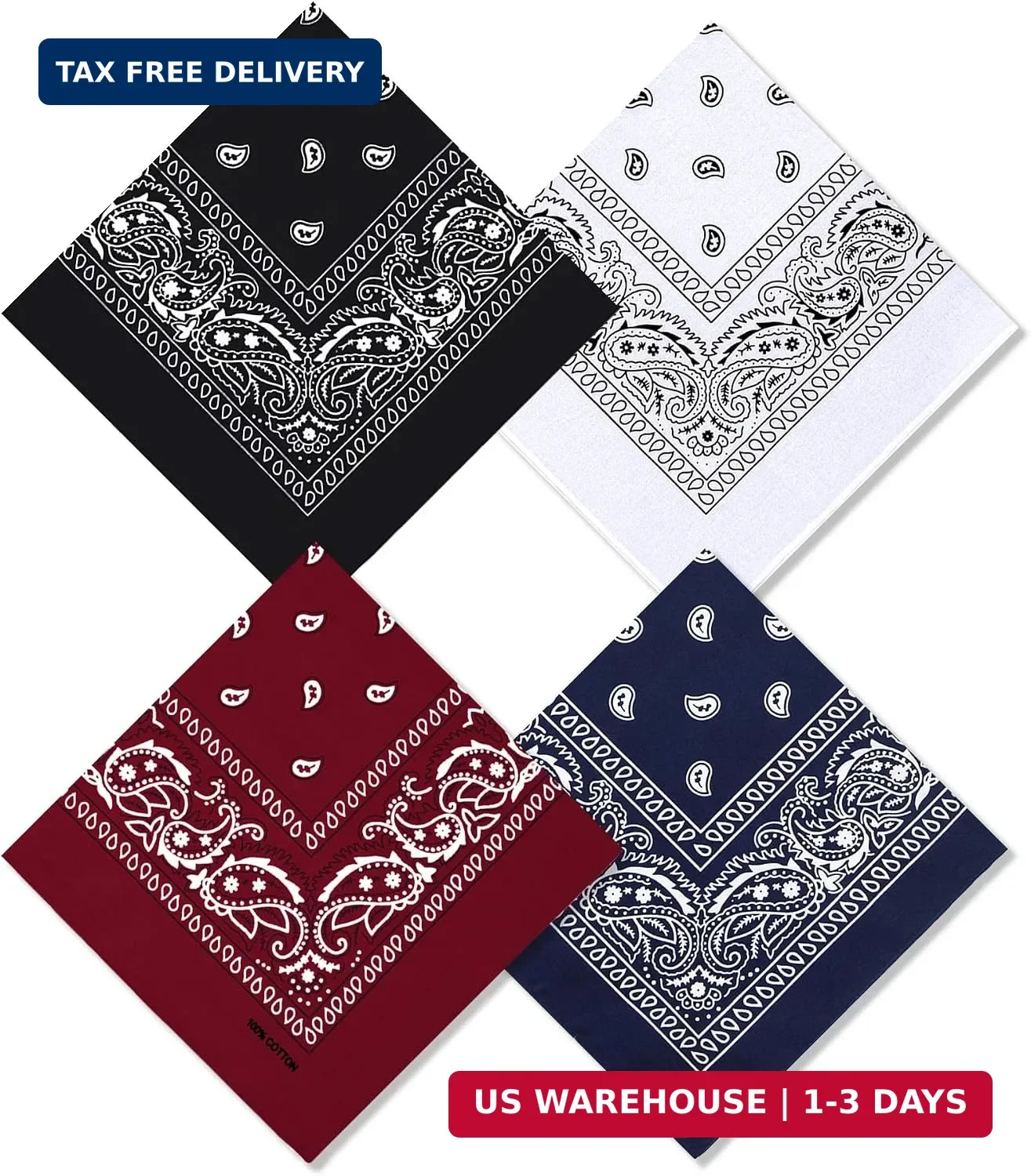 Bycc Bynn Large 27″ x 27″ 100% Cotton Bandanas – Set of 4