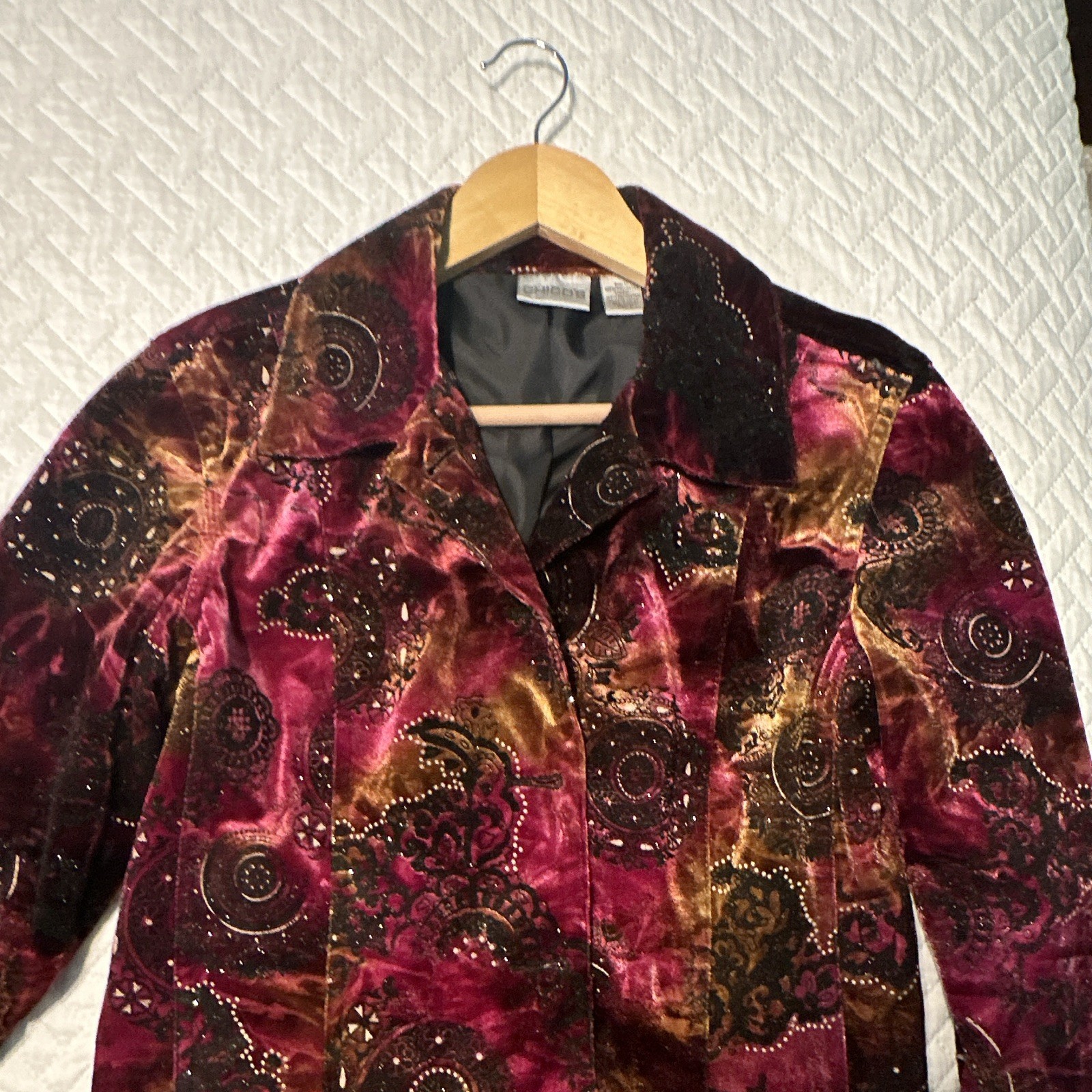 Chico’s size 1 Multicolor Embroidered Paisley Velvet Lined Button Jacket