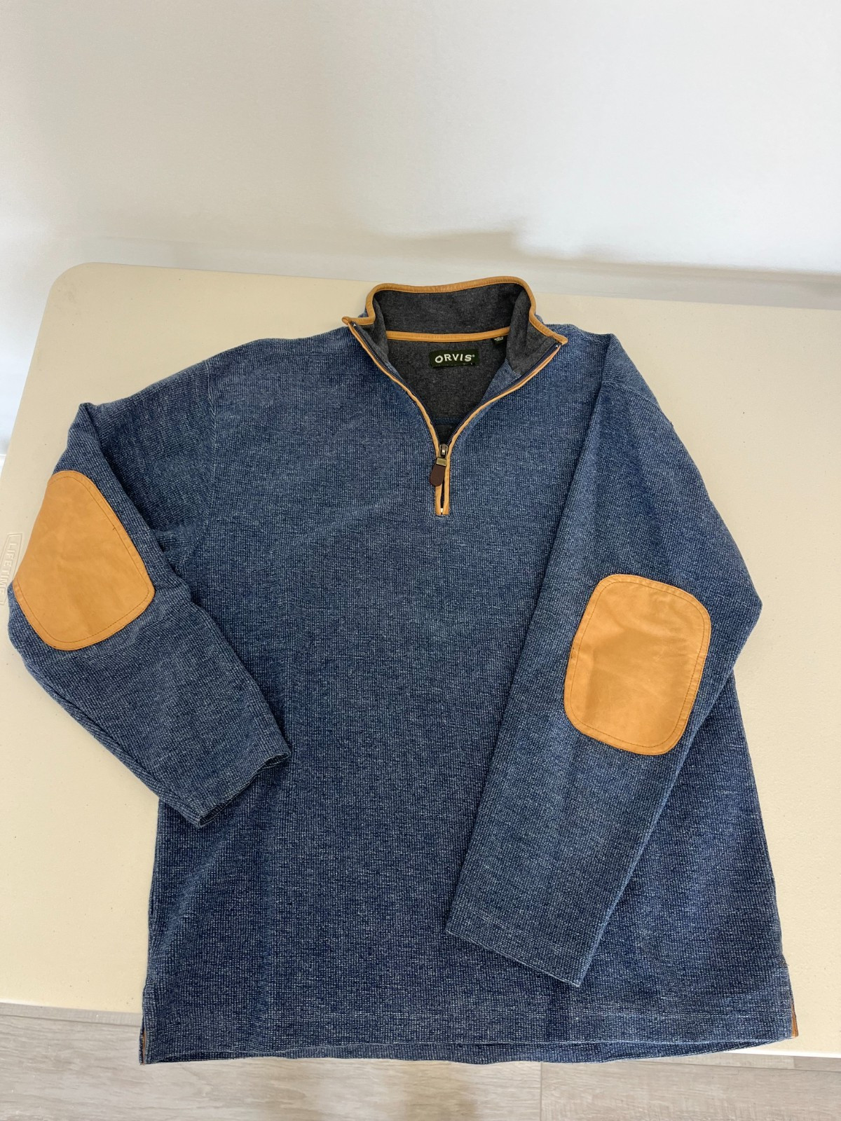 Orvis Quarter Zip Pullover, Men’s, M, Blue, Leather trim and elbow patches