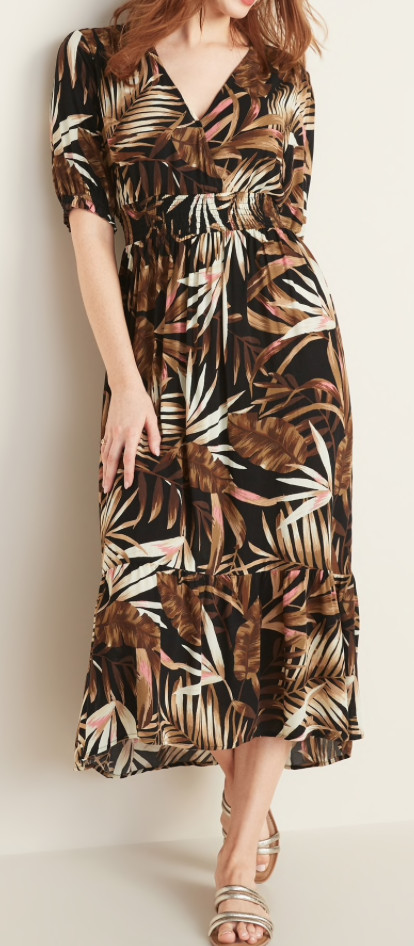 NEW Old Navy Black Brown Waist Defined Botanical Leaf Frond Dress Small S