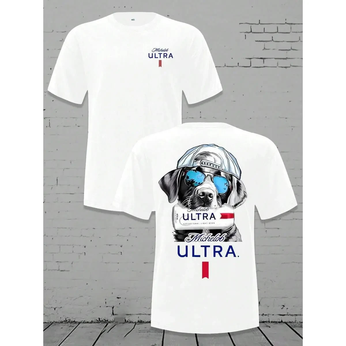 Men’s Loose Crewneck T – Shirt – Michelob Ultra Cool Dog (Sunglasses & Cap) Grap