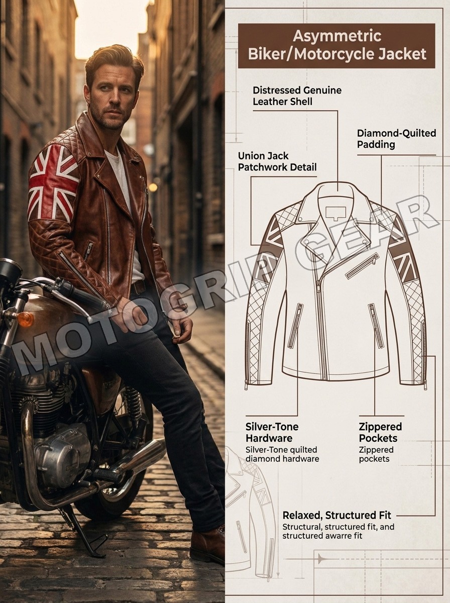 Men’s Biker Cafe Racer Motorcycle UK Flag Patch Vintage Distressed Black Leather
