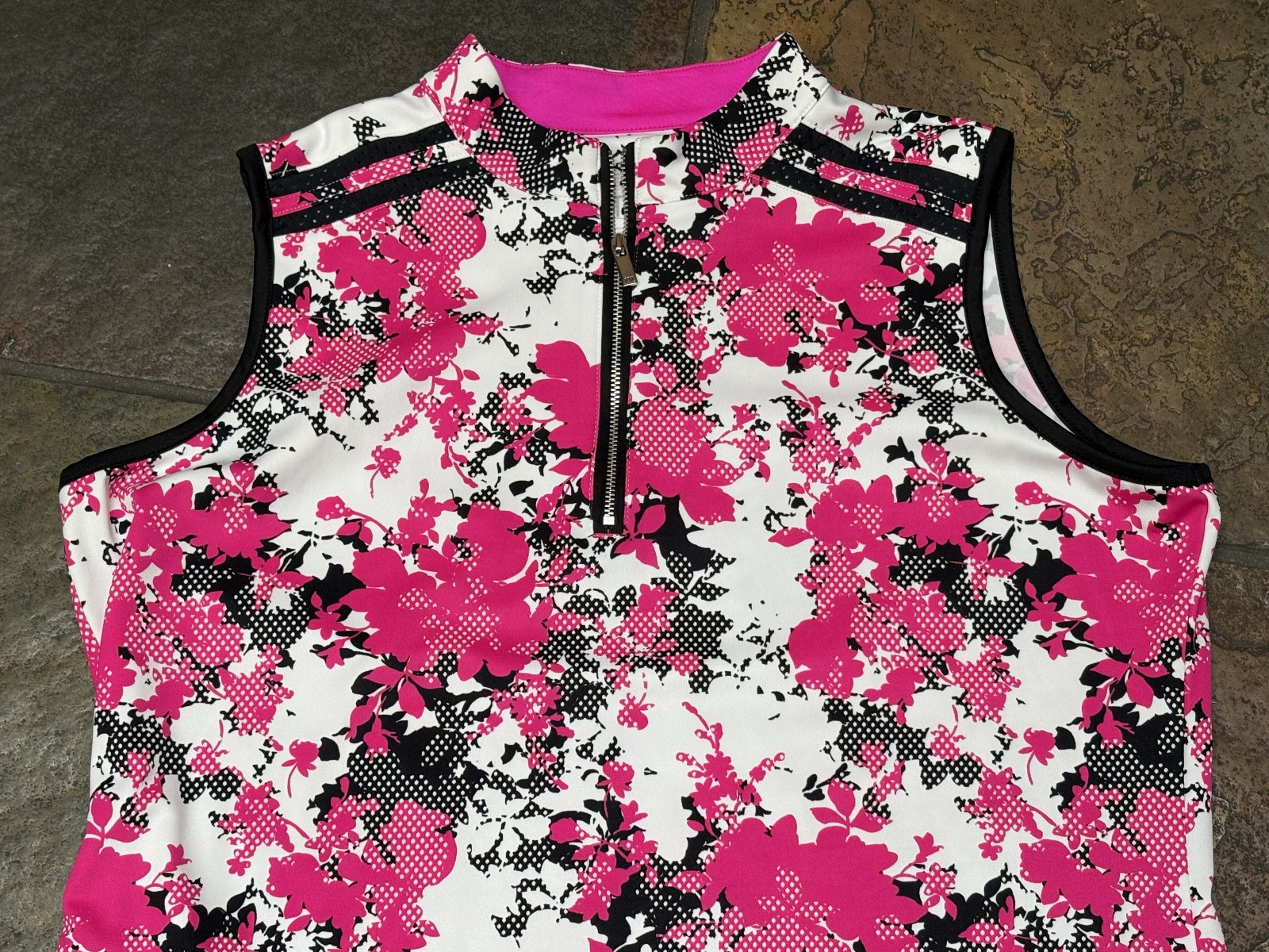 TAIL Size XL Open Zipper V Neck Pink & Black Poly Blend Sleeveless Top