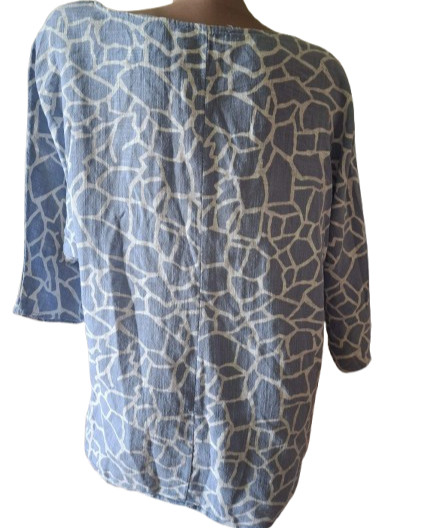 BLUE VANILLA Blue White Cotton Mosaic Tunic Blouse Geometric Boho Top L XL 14 16