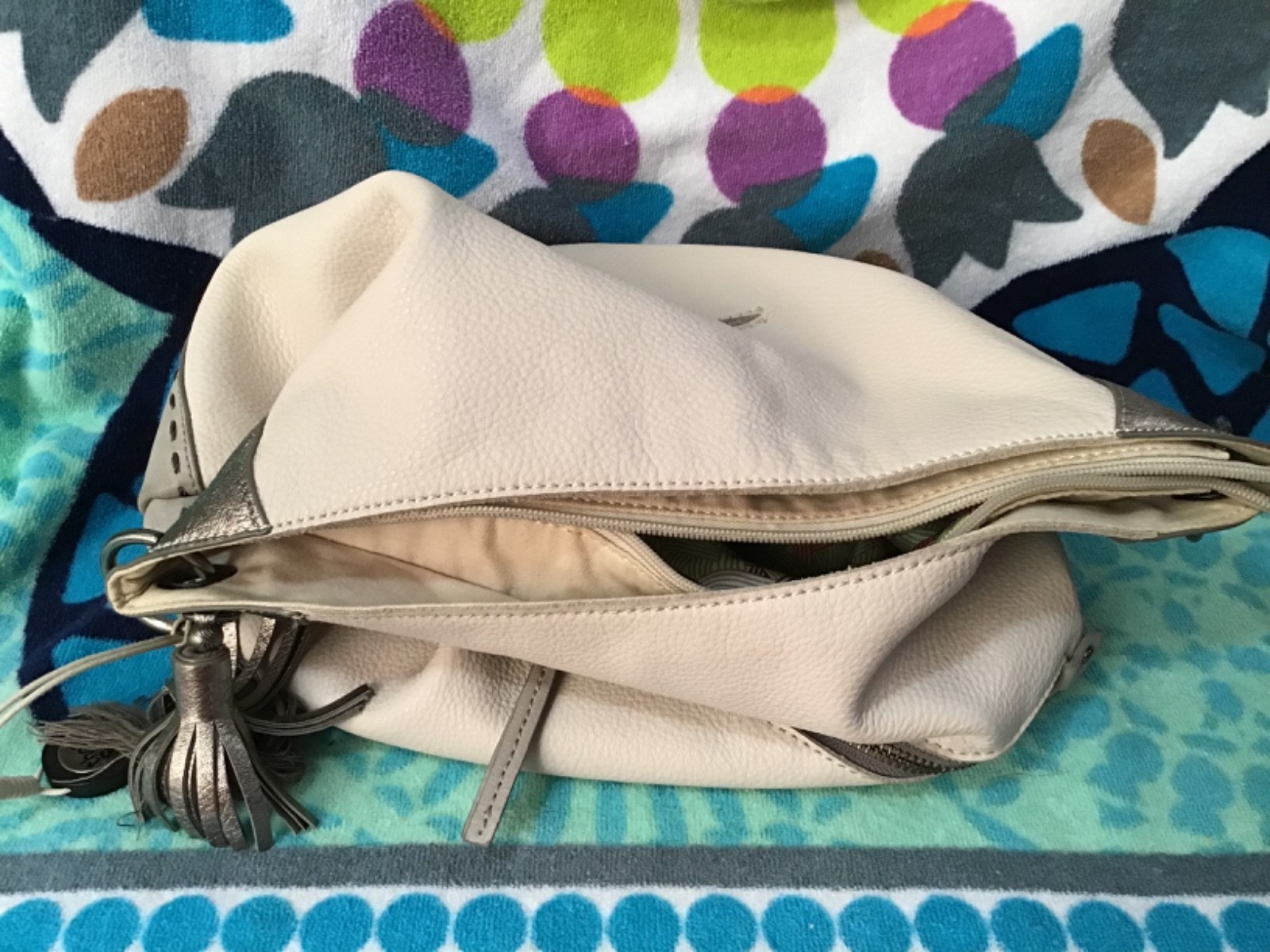 The Sak Gray, Bone & Metallic Leather Shoulder Bag or Crossbody – 14W x 11H x 4D