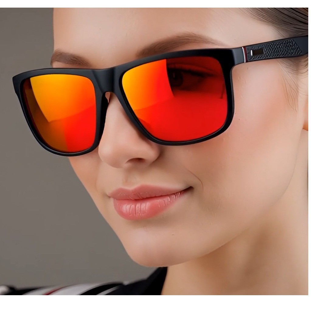 Women Black Red Mirror Lens Square Frame Sport Sunglasses Modern Casual Outfit