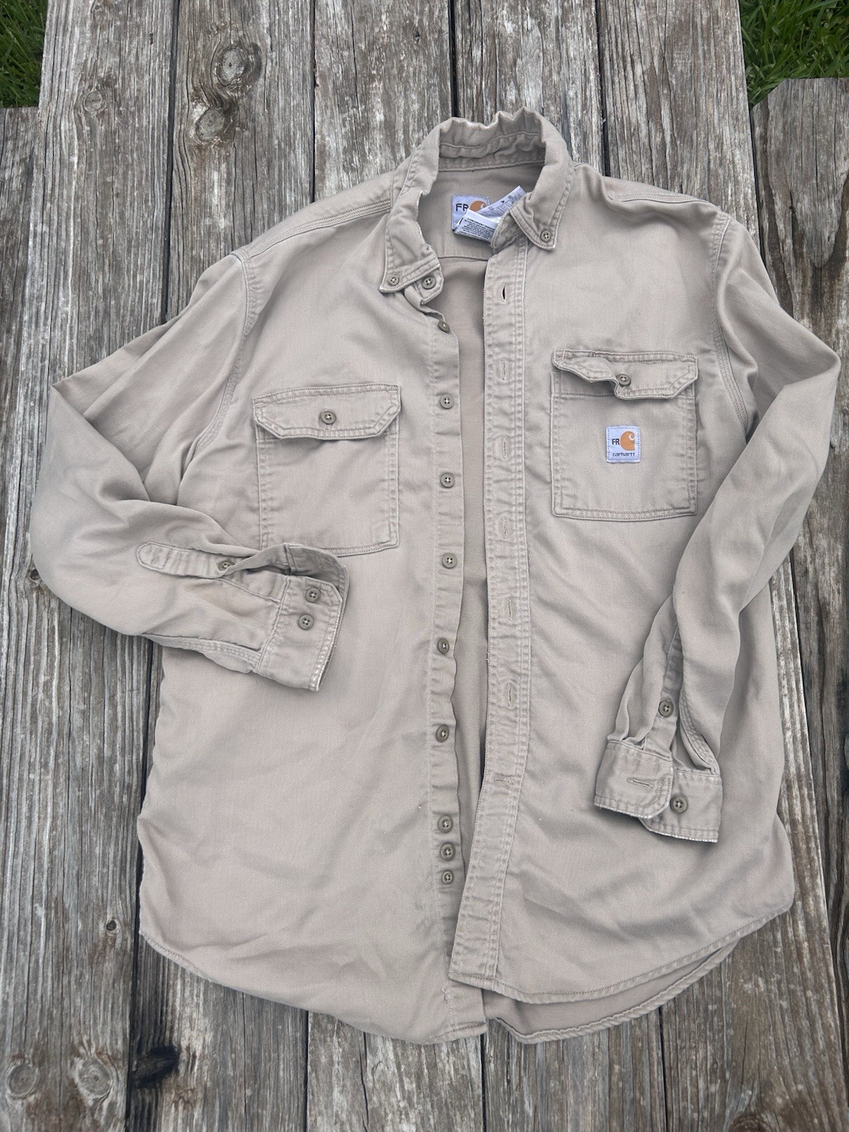 Carhartt FR Flame Resistant Long Sleeve Button-Up Work Shirt, Men’s L Beige
