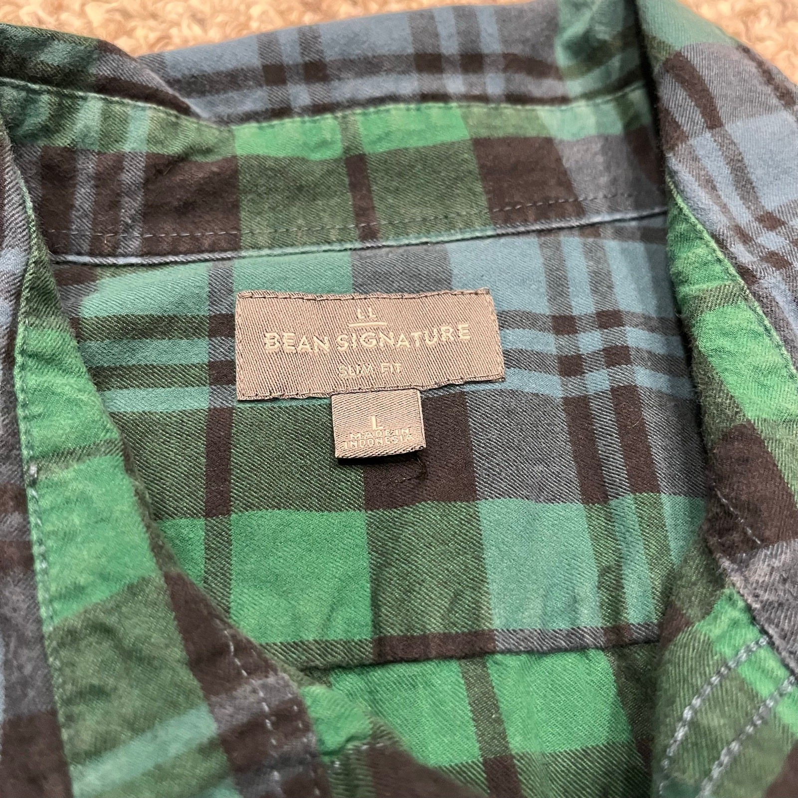 LL Bean Signature Slim Fit Button Down Flannel Shirt L Green Outdoor Cabincore