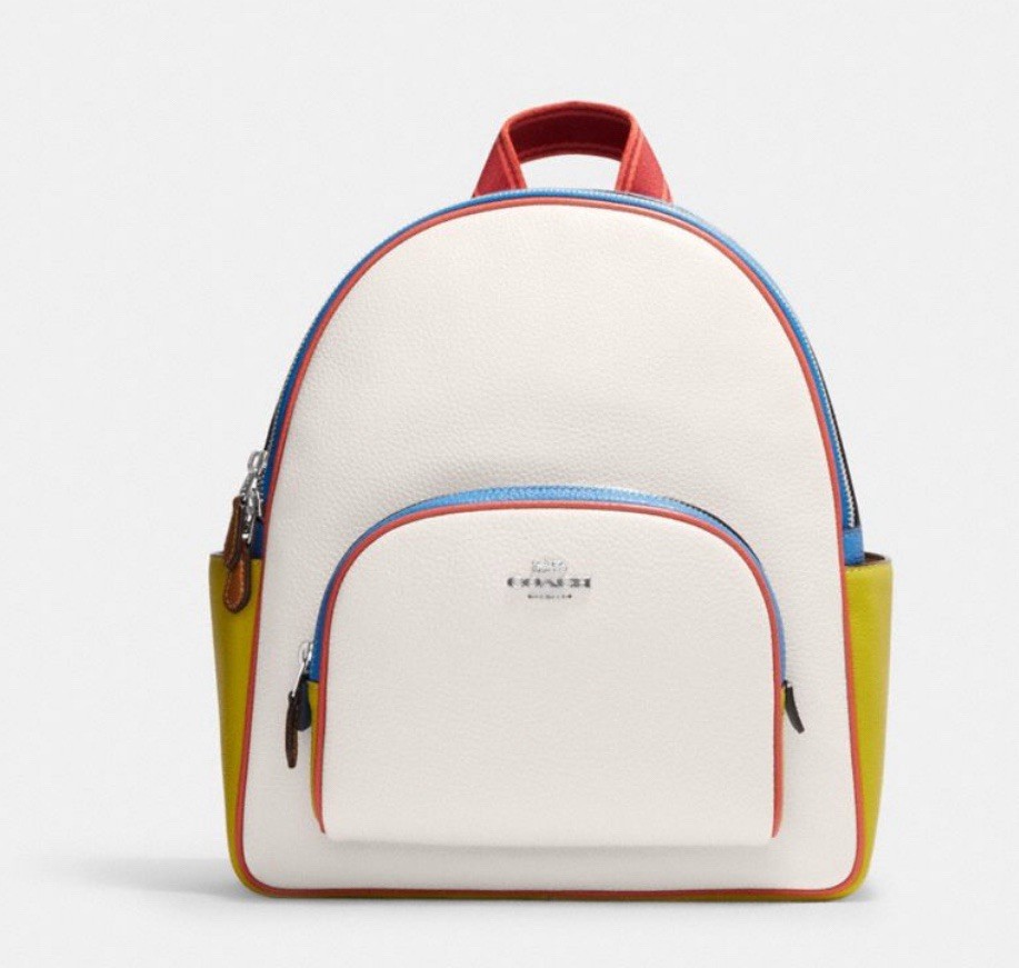NWT Coach CJ597 Court Backpack With Pebble Leather In Colorblock Chalk Multi