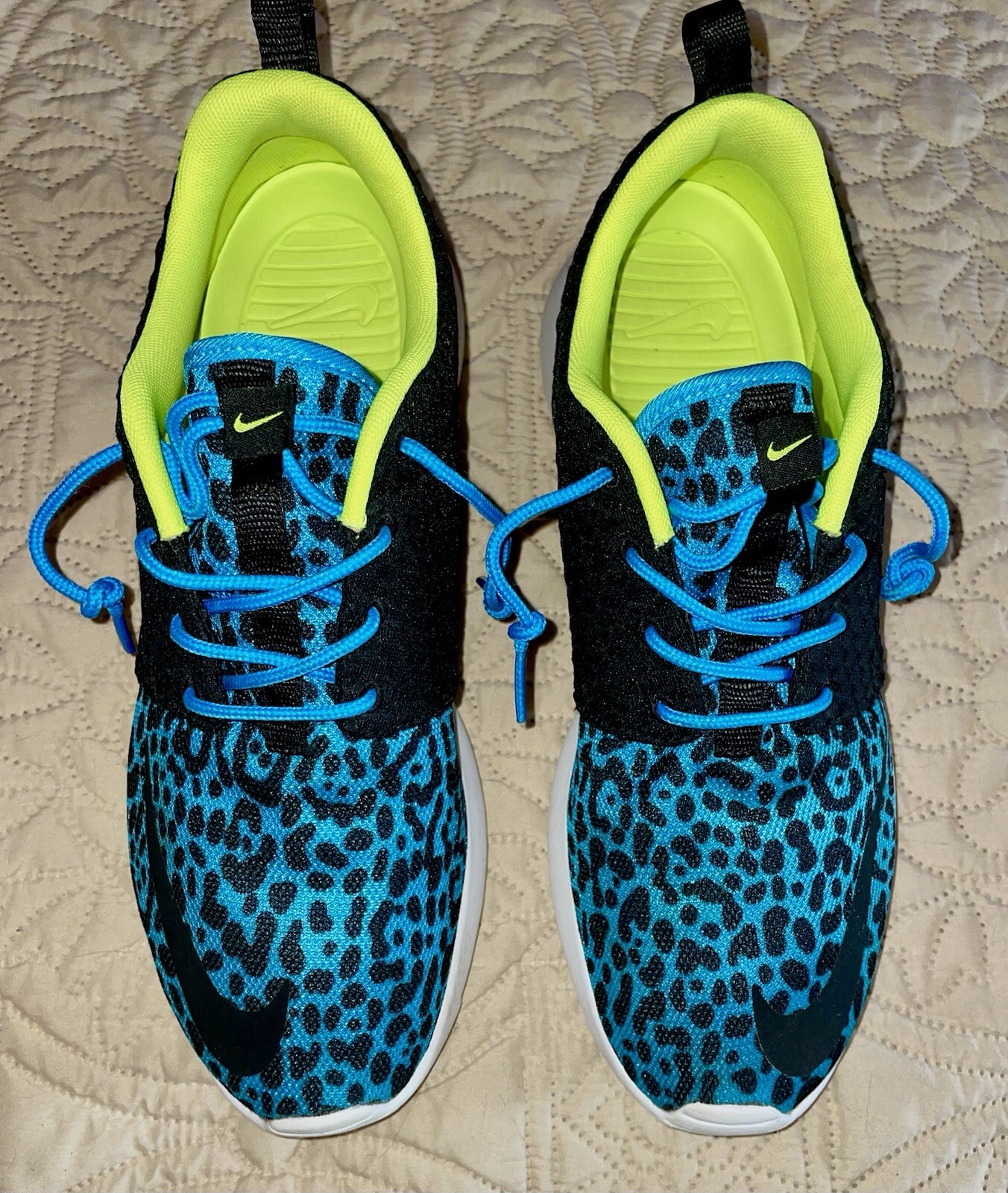 Nike Roshe Run FB (Blue Leopard) Blue Black Neon Yellow-Green Men’s Size 9.5