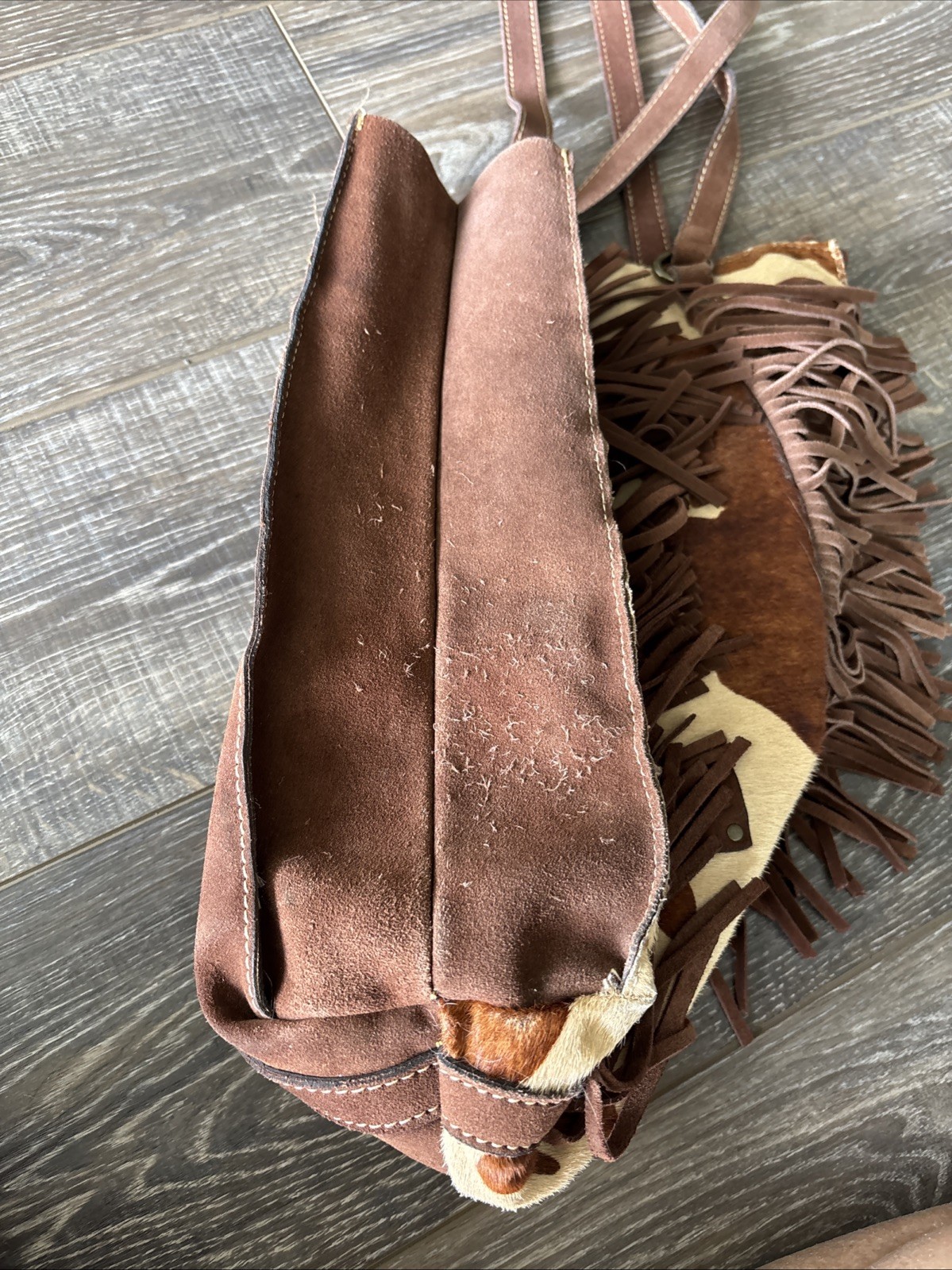 Patricia Nash Leather & Cowhide Print Mwith Leather Fringe Tote Purse – See Pics