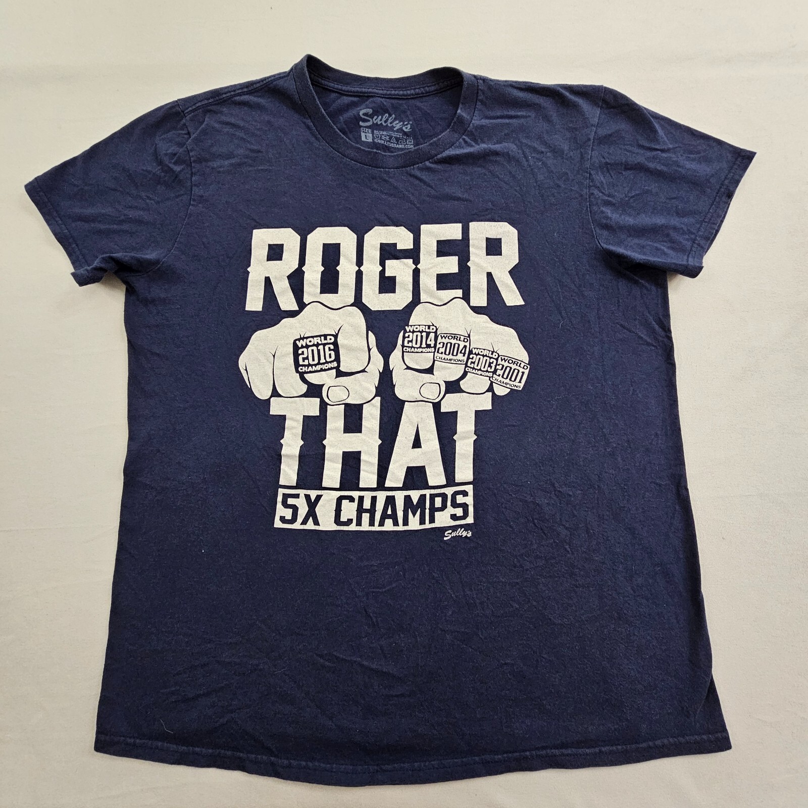 NE Patriots 5X Champs Roger That Sully’s Blue Short Sleeve T-Shirt Men’s L