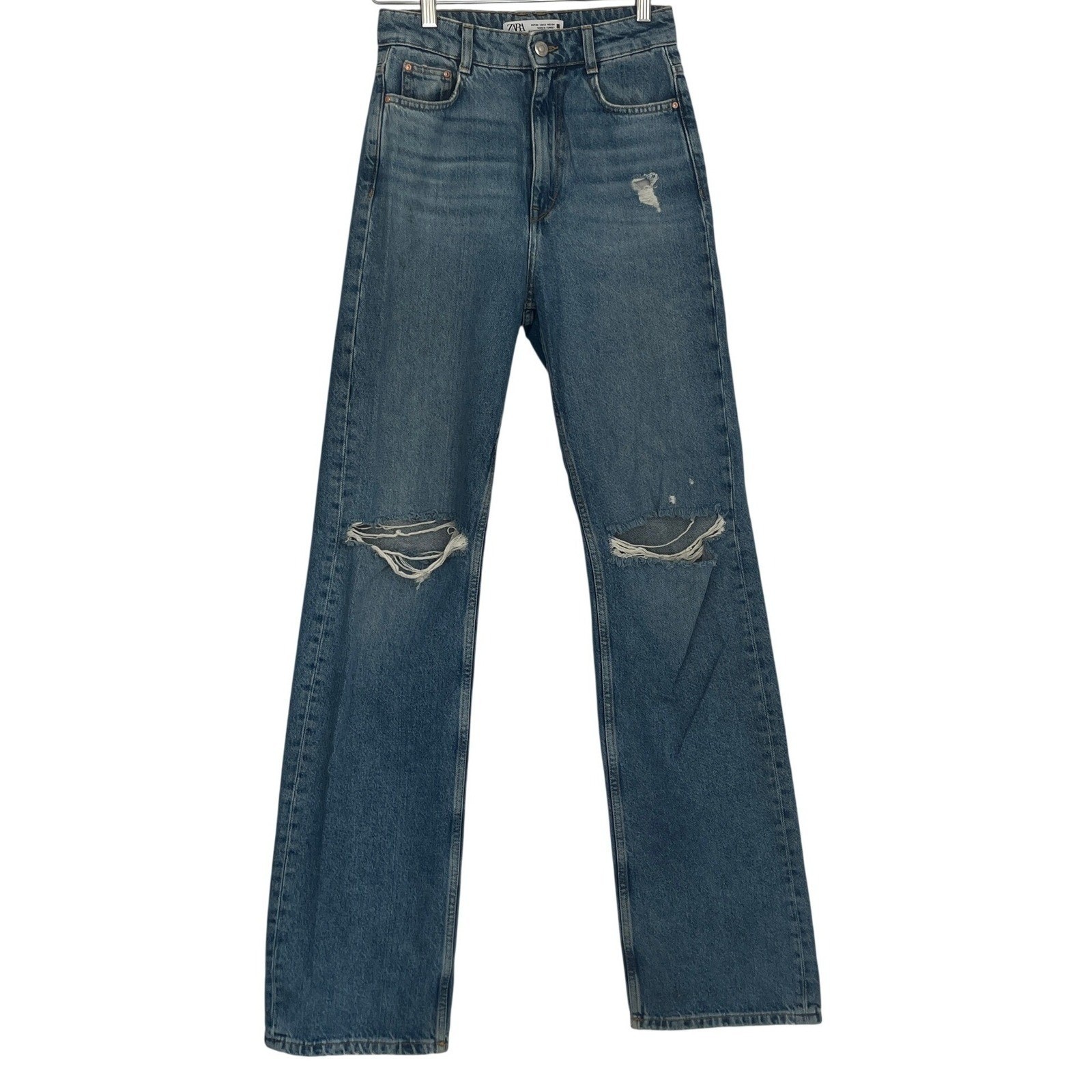 ZARA High Waist Straight Leg Distressed Blue Jeans 2 26×33 Tall 90s Grunge Y2K