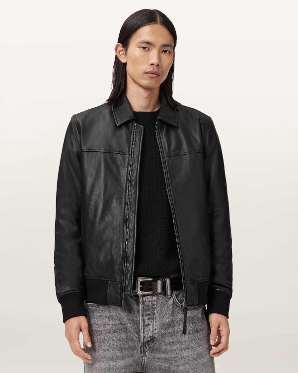 Men’s Black Classic Spread Collar Ribbed Cuff Sheepskin Leather Jacket for Men