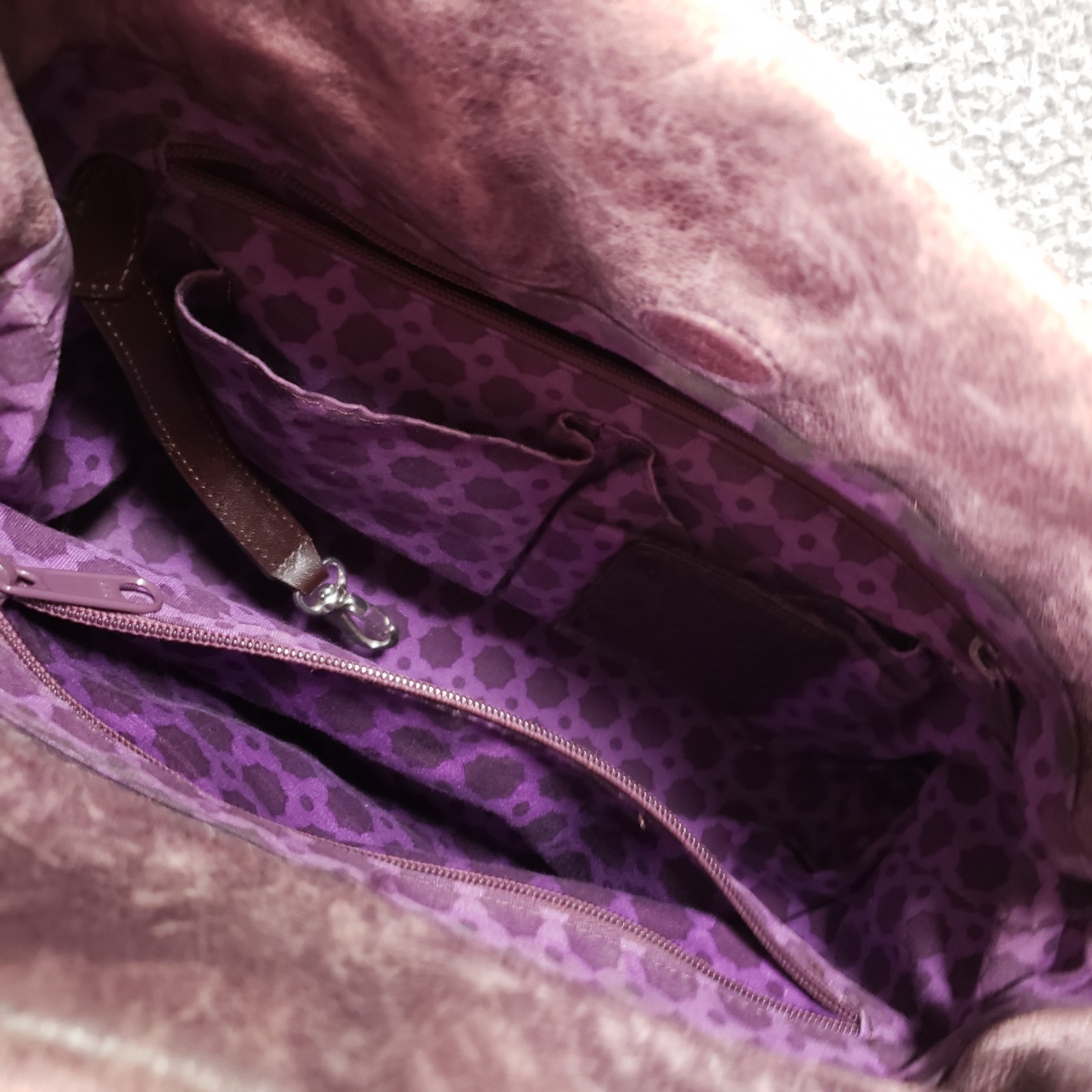 Brighton Purple Distressed Leather Shoulder Bag Pleat Elastic Pockets Heart Rare