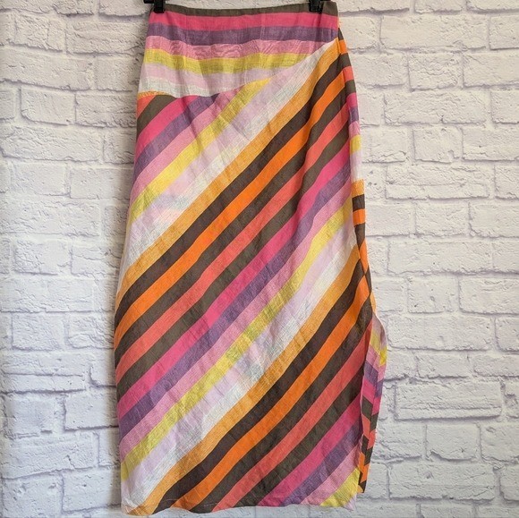 Alembika Colorful Stripe Linen Blend Midi Skirt 3 Pink Orange White Boho Artsy