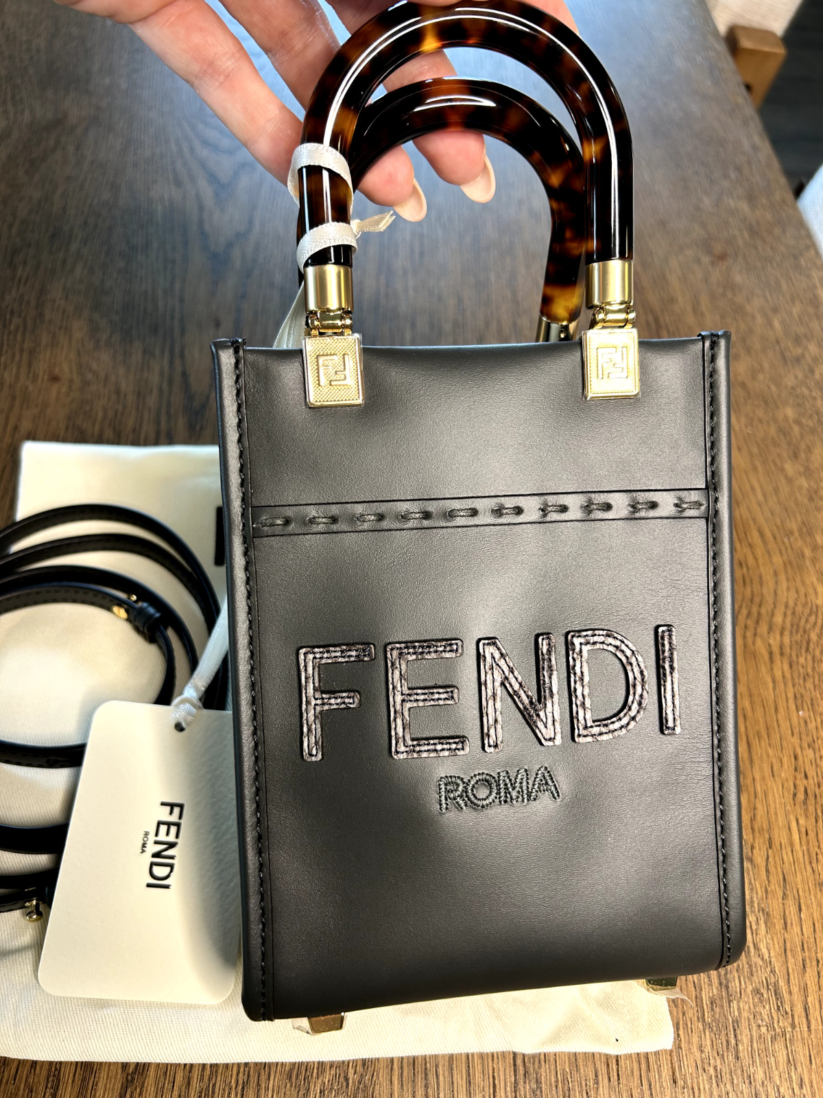 NEW – $1980 Fendi Mini Sunshine Open/No Closure Shoulder Tote Bag Gray Leather