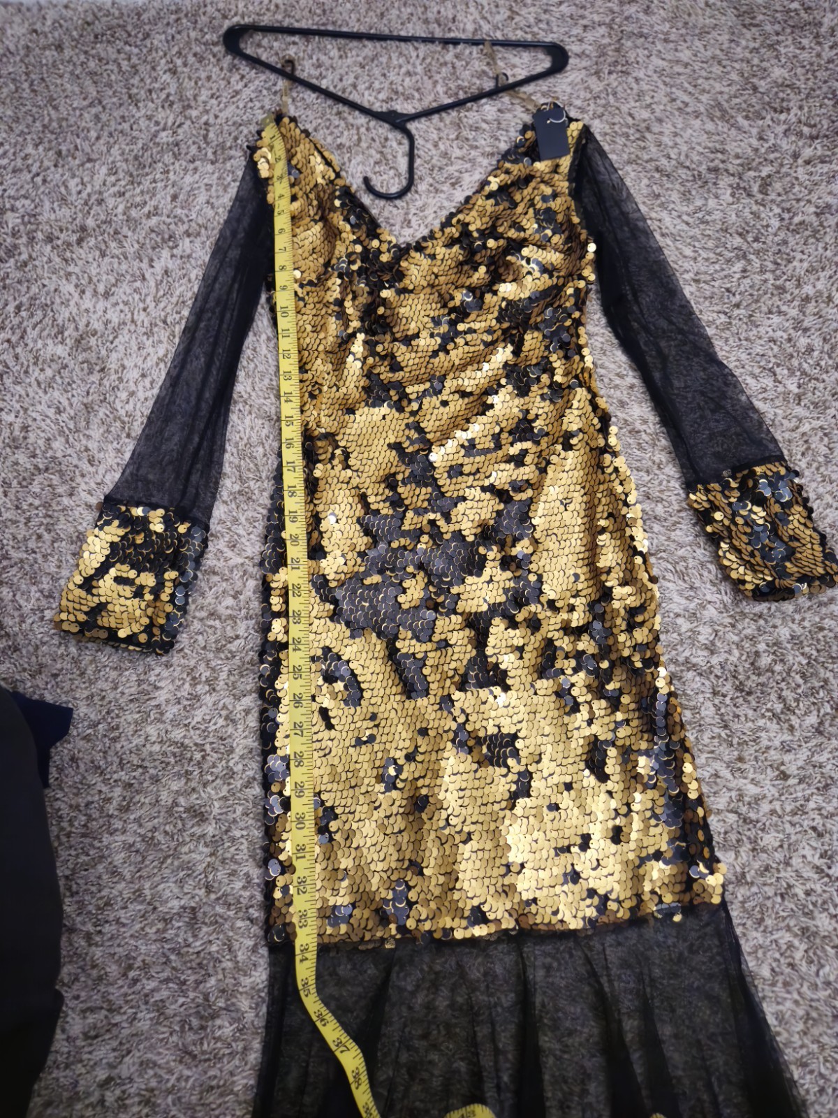 Luxury Gold Black Sequin Evening Gown Sheer Mesh Train Long Sleeve V Neck NWT EU