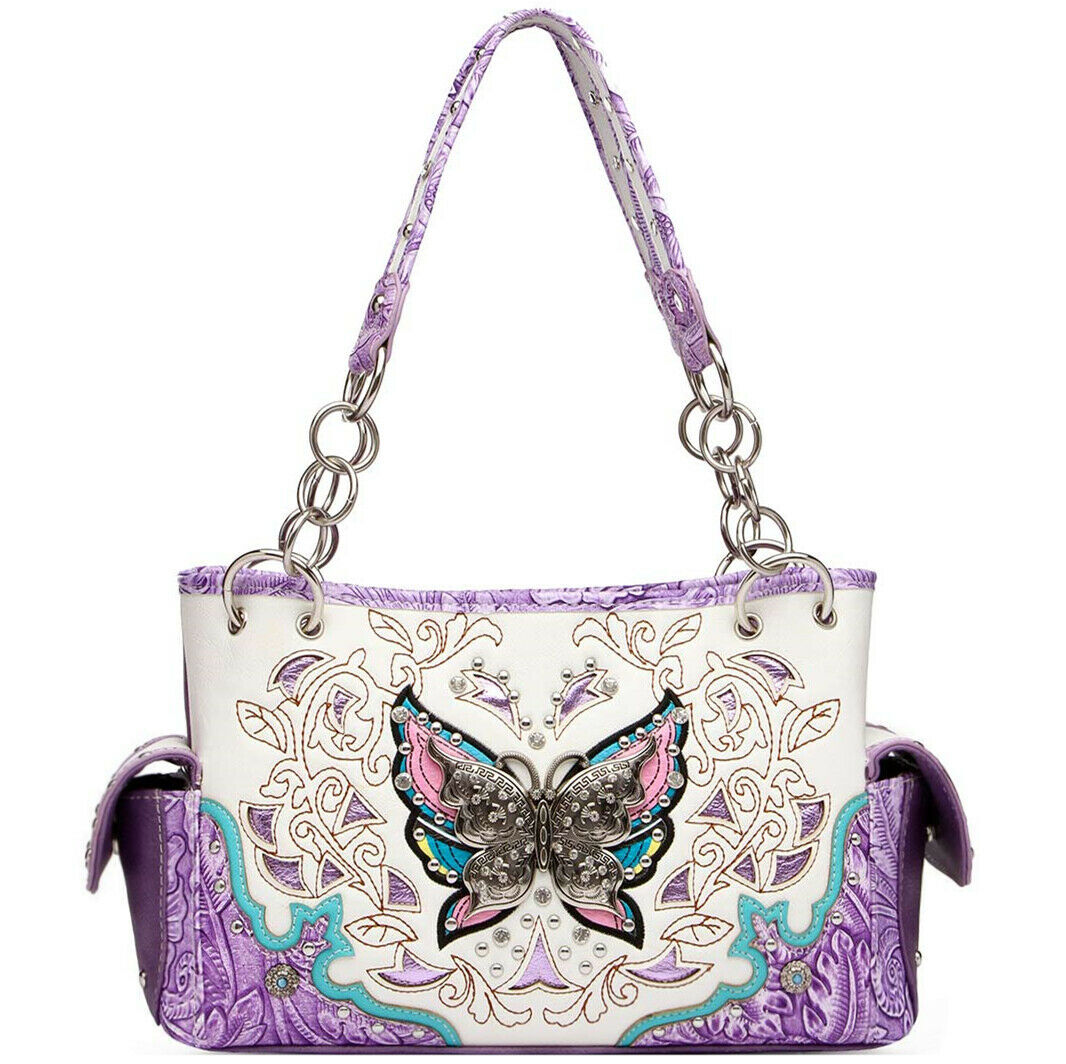 Butterfly Handbag Western Purse Women Shoulder Bag Crossbody Wallet Set Purple