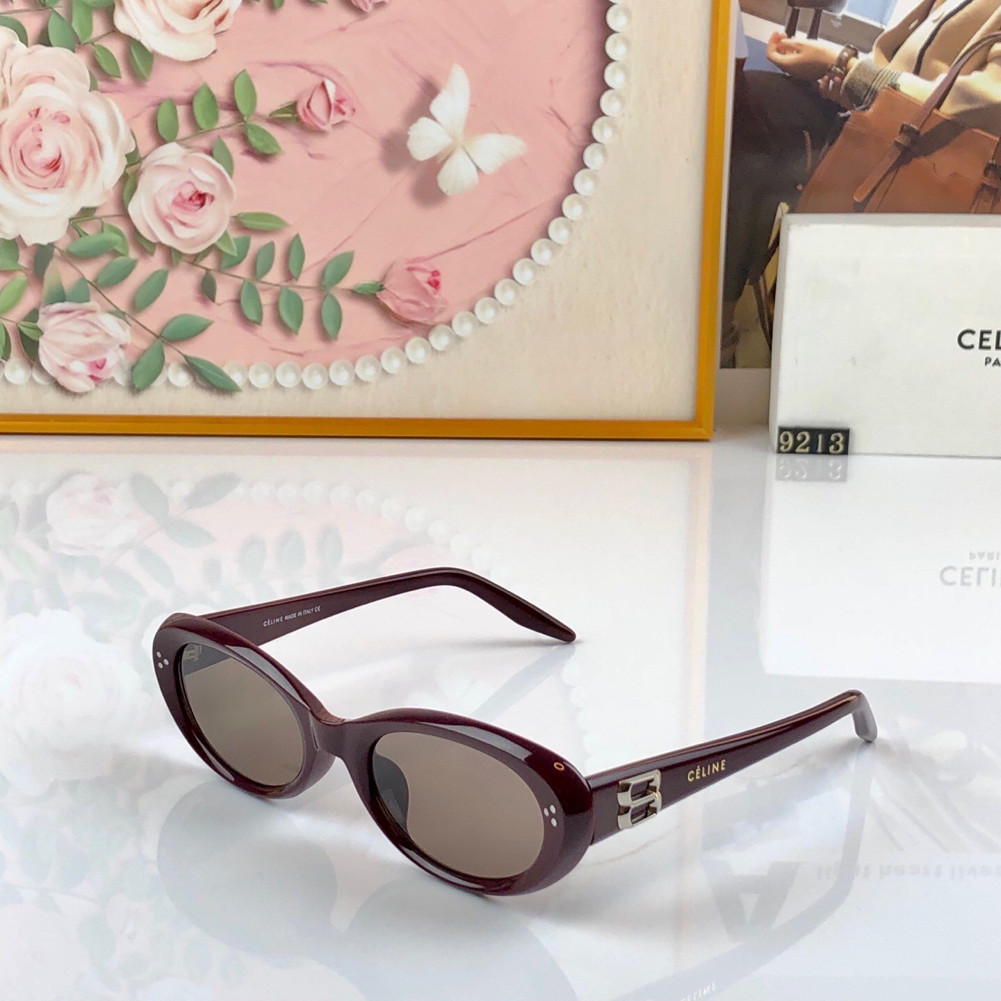 Celine CL40323U Vintage Oval Sunglasses Triomphe Logo Burgundy Frame 53‑19‑140