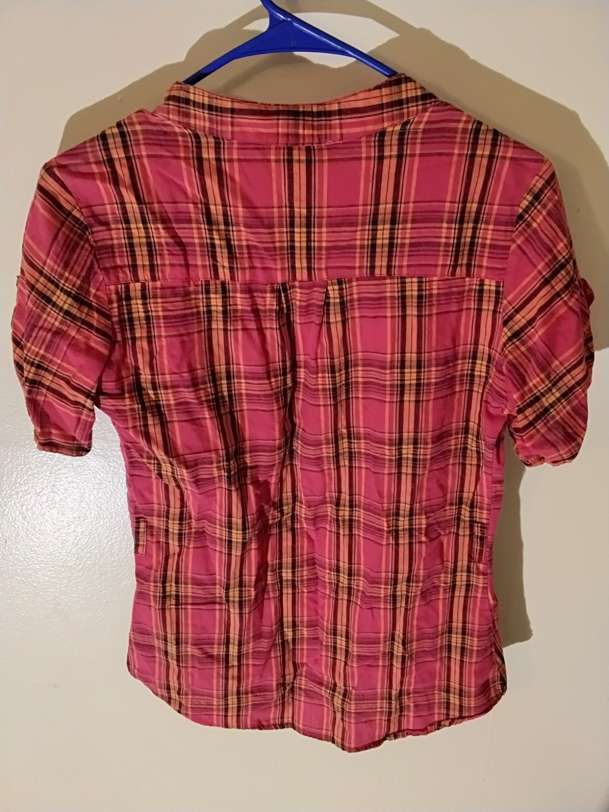 What’s Hot… Women’s Pink Plaid V-Neck Ruffle Button Puff Sleeve Blouse Size S