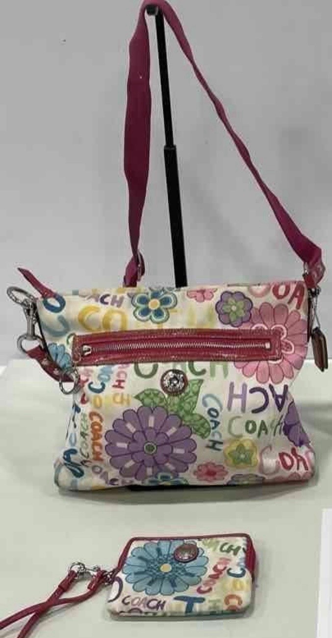 Coach Floral Logo Print Multicolor Shoulder Bag Pink Strap w Wristlet